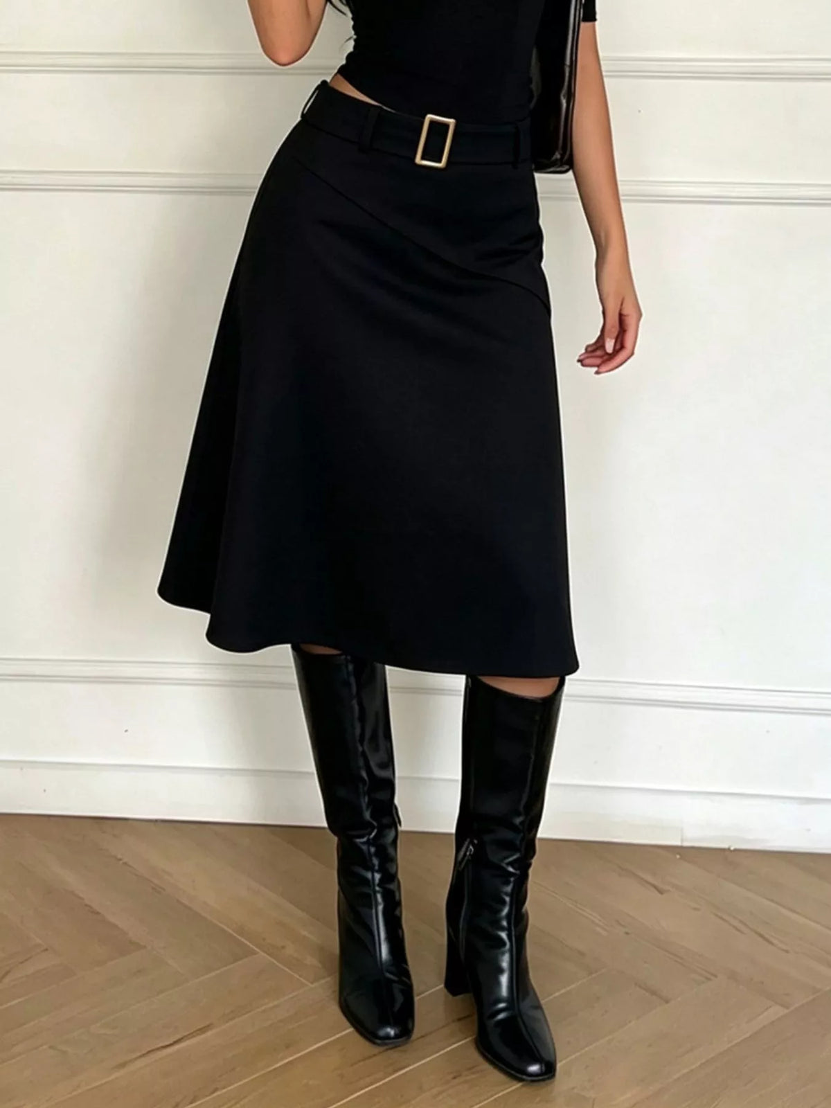 High-Waisted A-Line Midi Skirt in Black