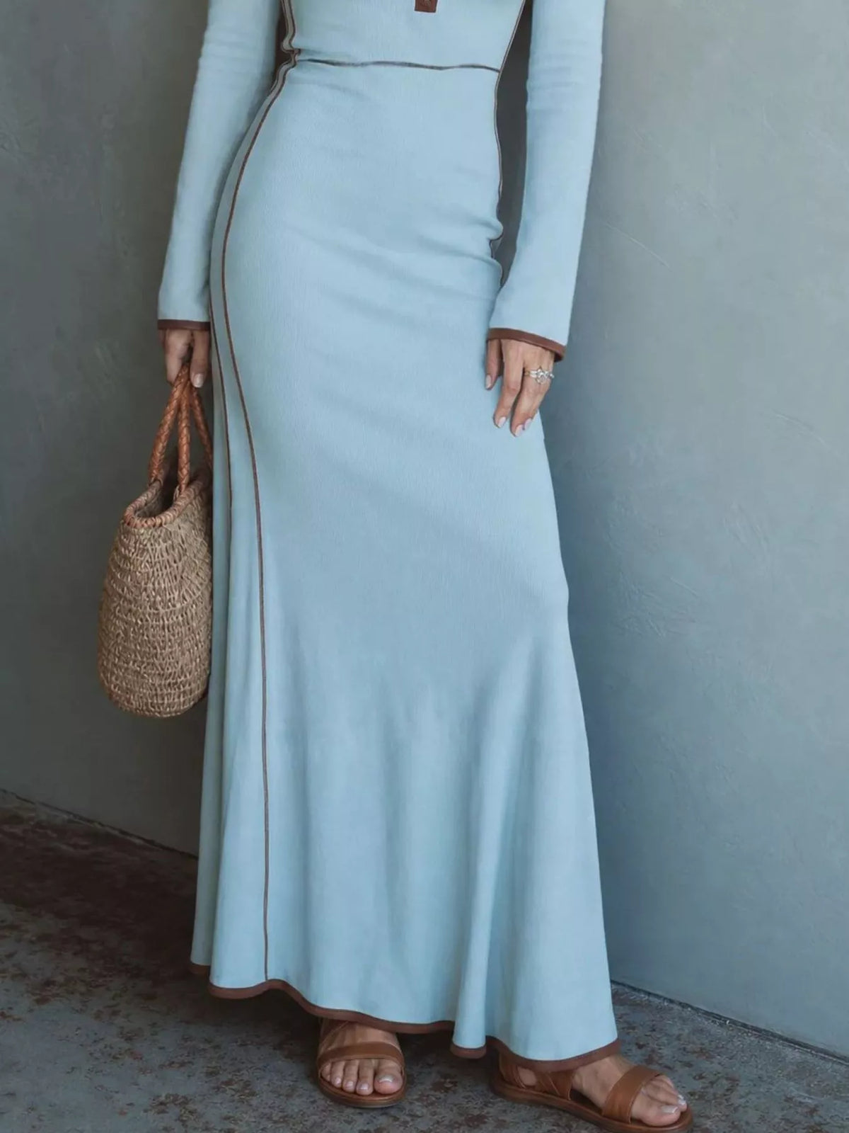 Contrast Trim Zip-Up Knit Maxi Dress