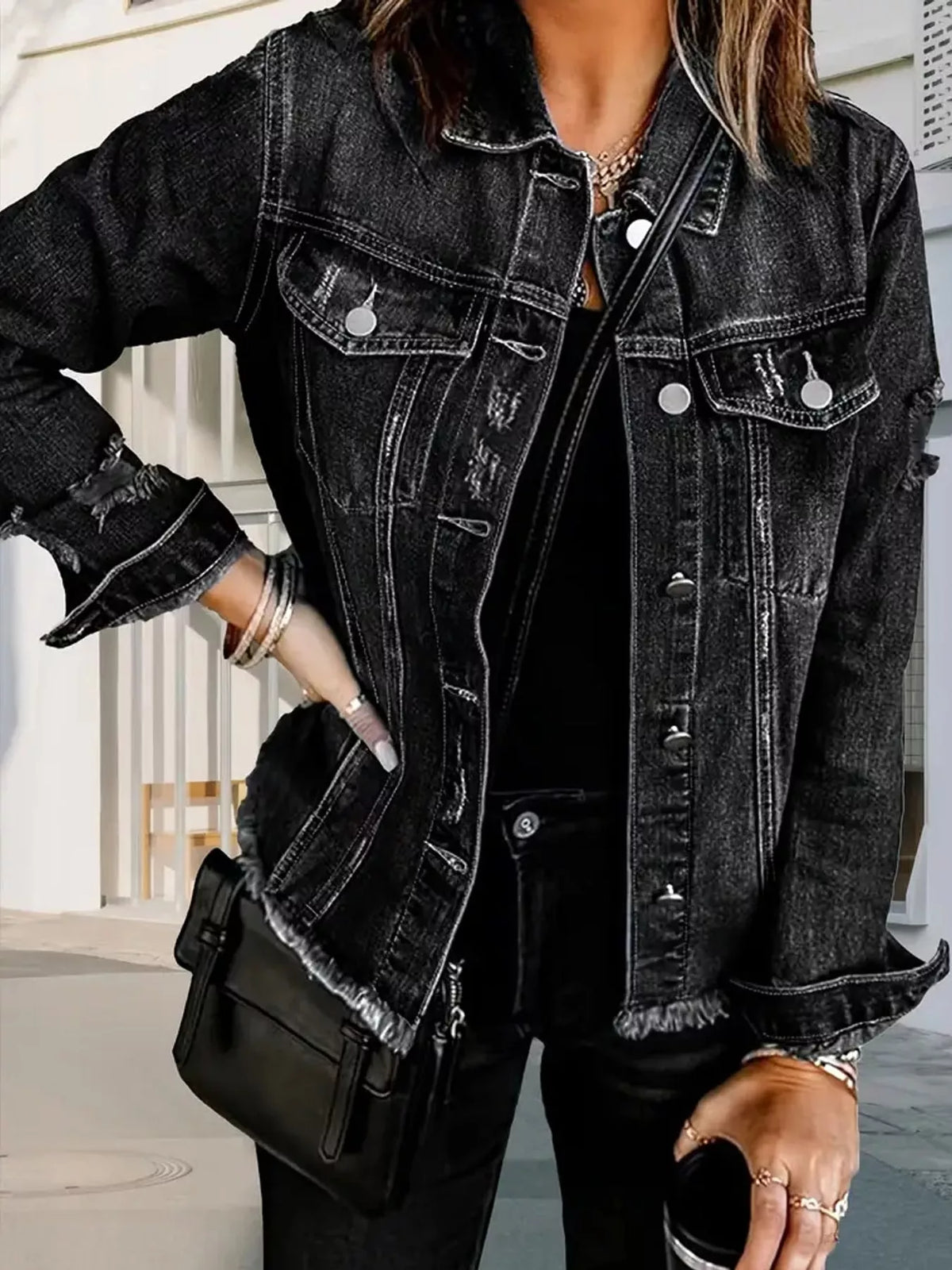 Distressed Raw Hem Denim Jacket