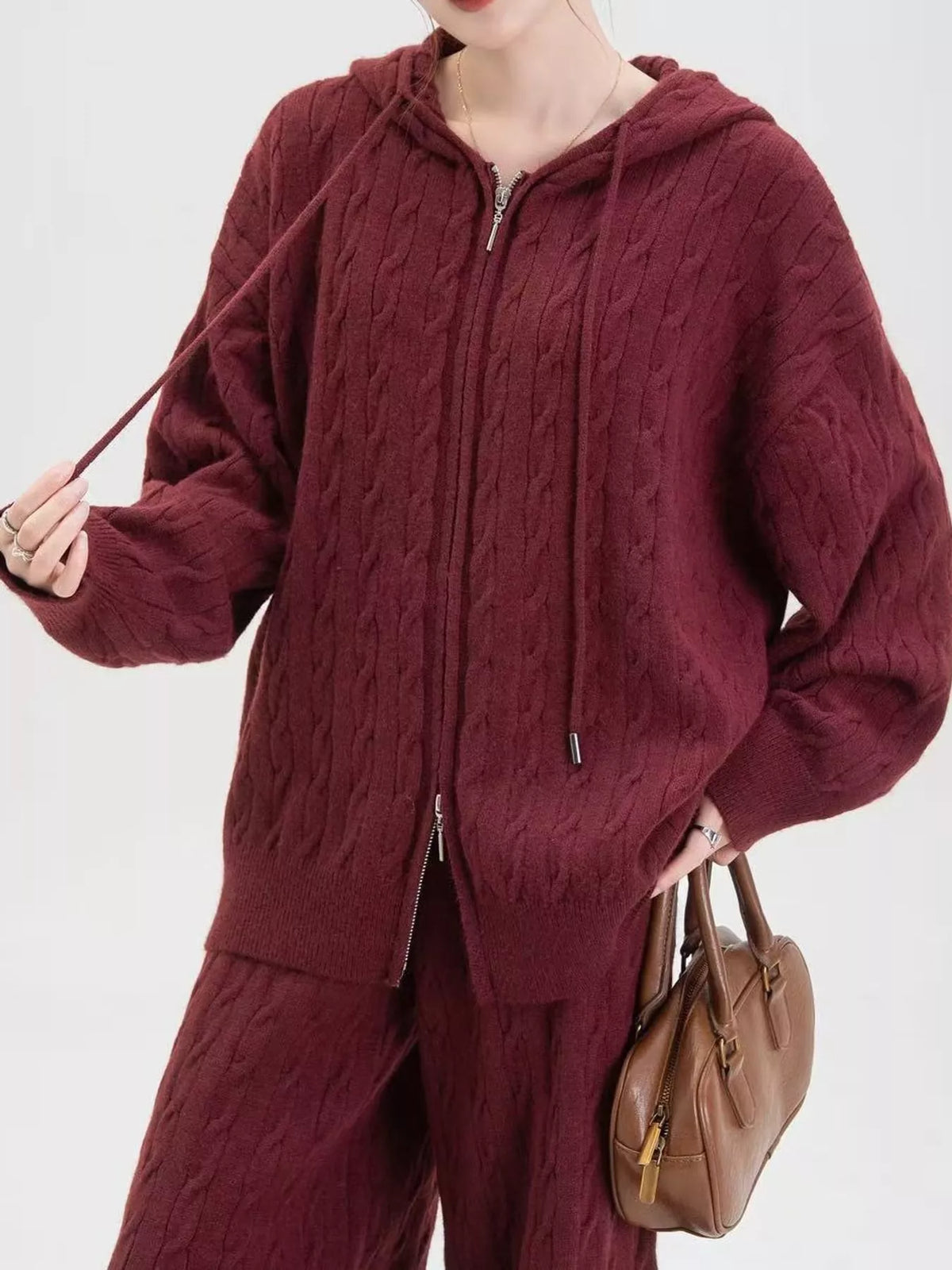 Cable Knit Zip-Up Hooded Cardigan and Wide-Leg Pants Set