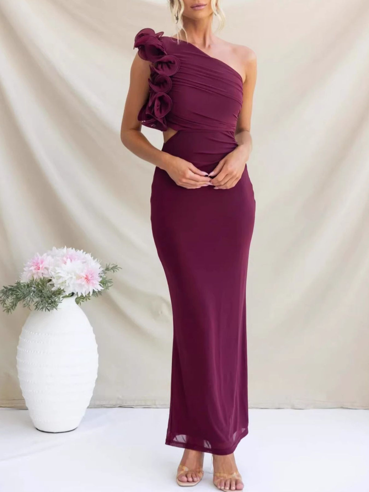 One-Shoulder Floral Trim Maxi Dress