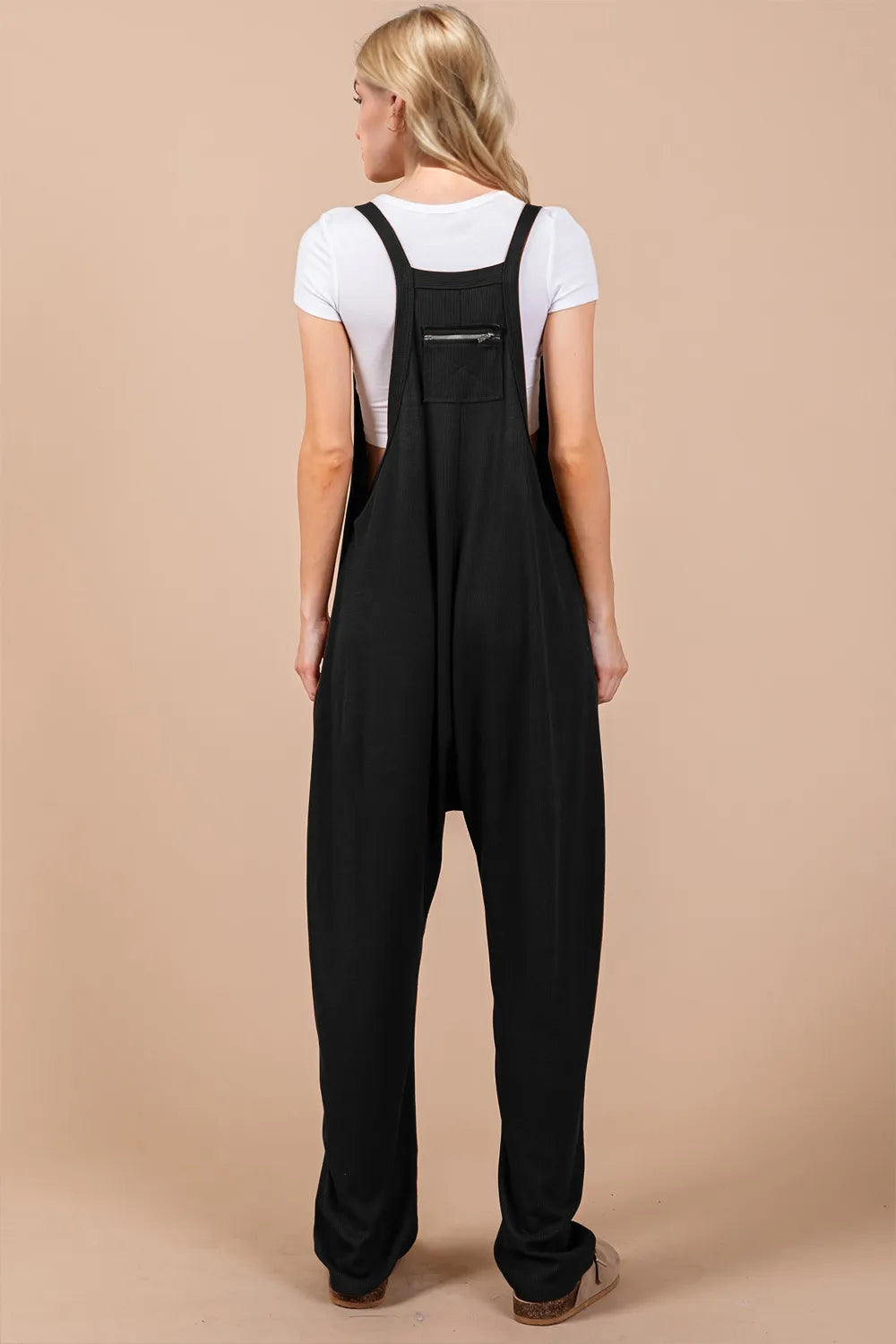 V-Neck Wide Strap Overalls in Black