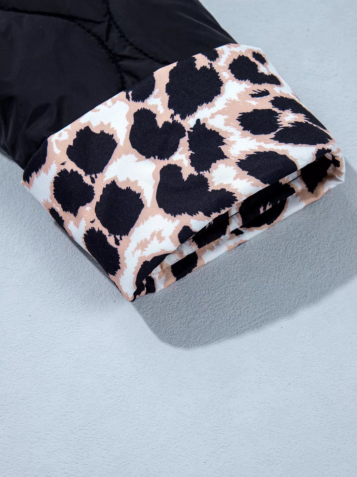 Leopard Cuff Quilted Puffer Jacket in Black