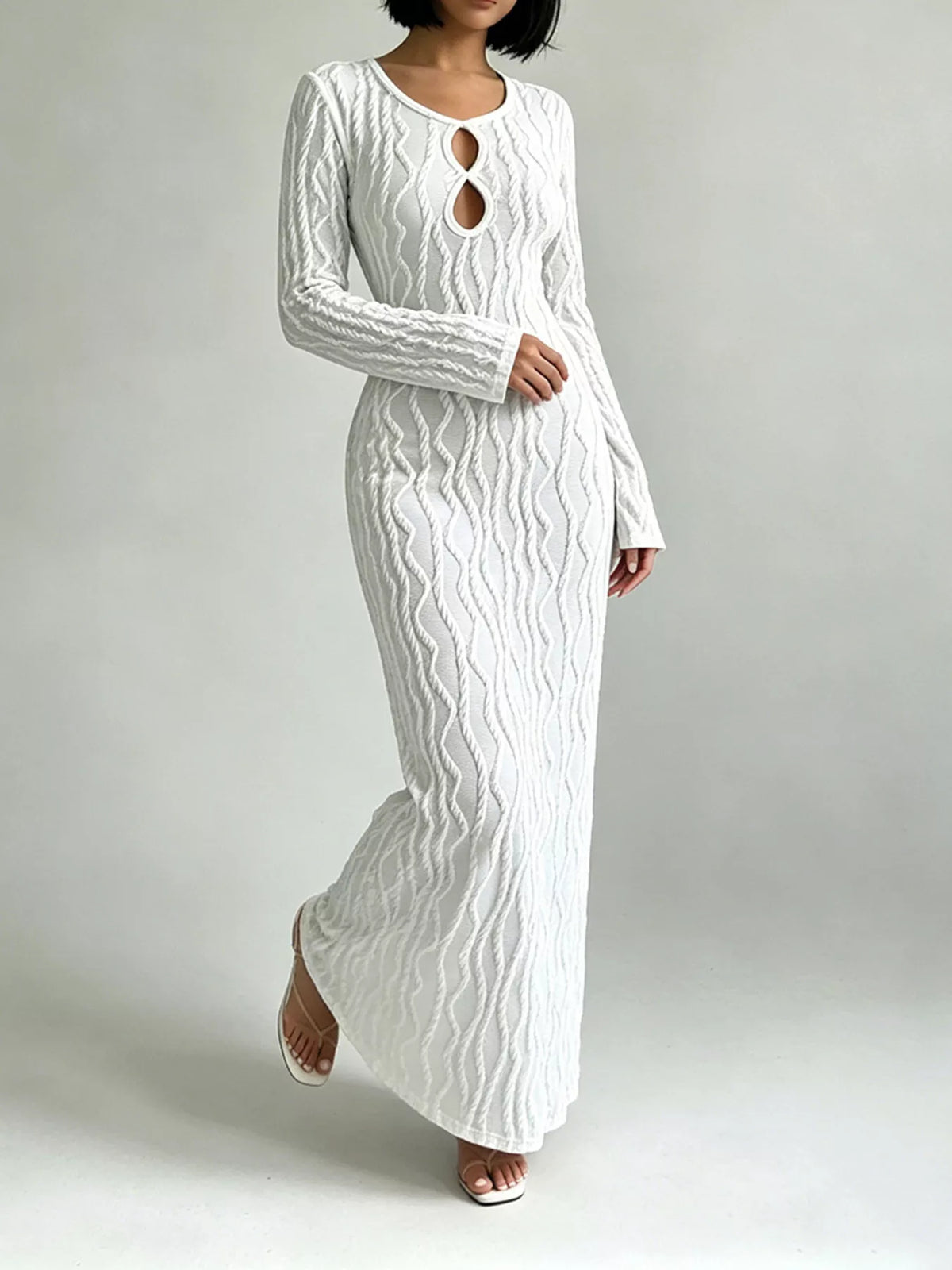 Ribbed Cutout Long Sleeve Maxi Dress in White