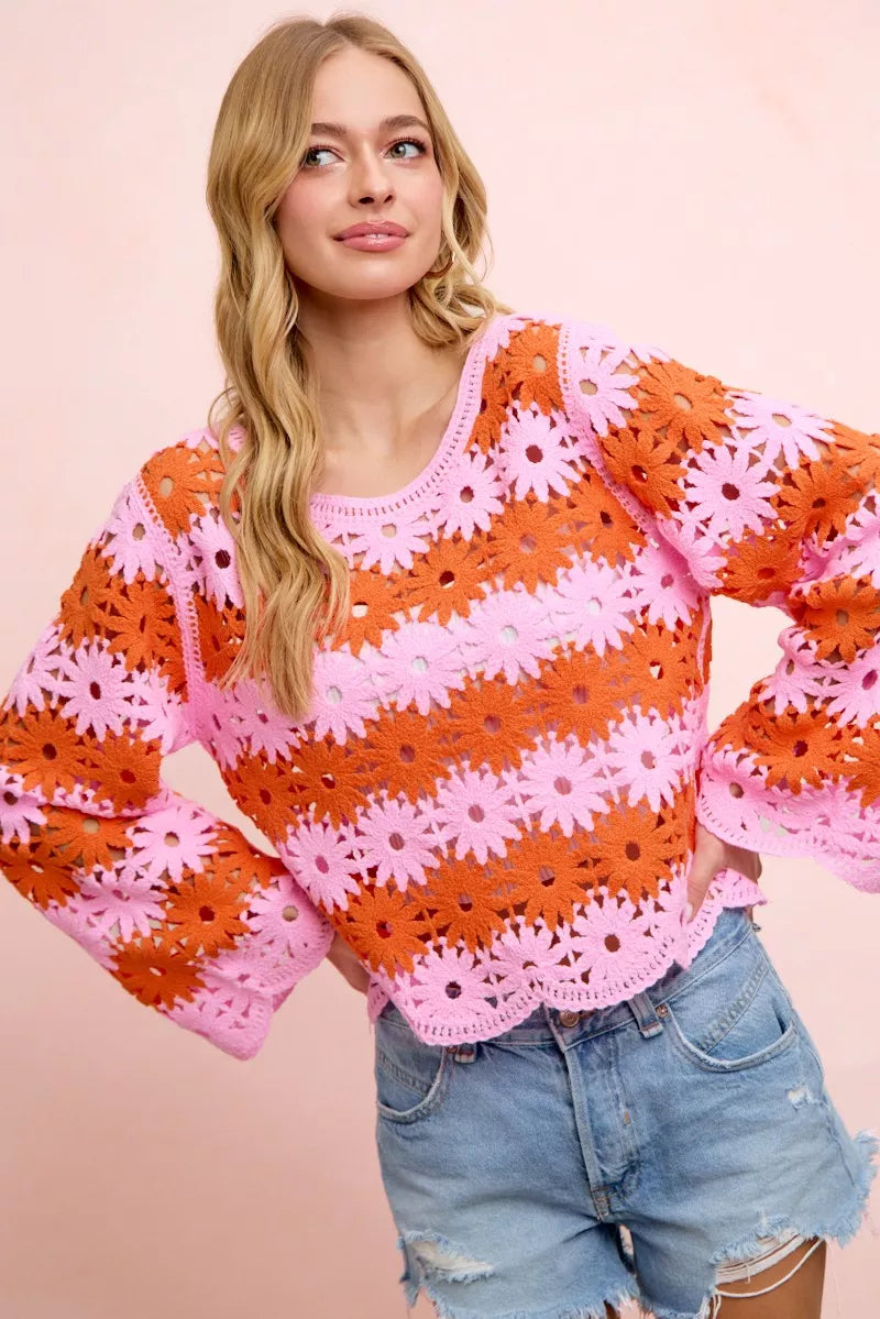 Flower Crochet Knit Top in Pink/Red by BiBi
