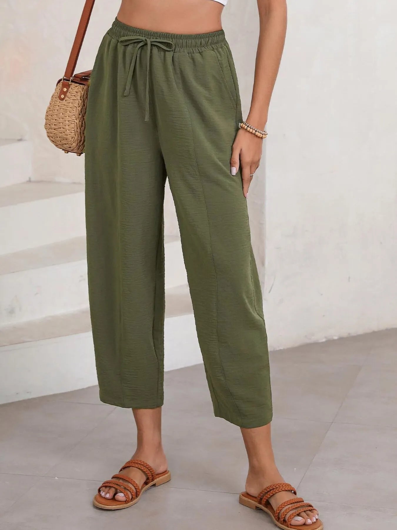 Drawstring Wide Leg Cropped Pants