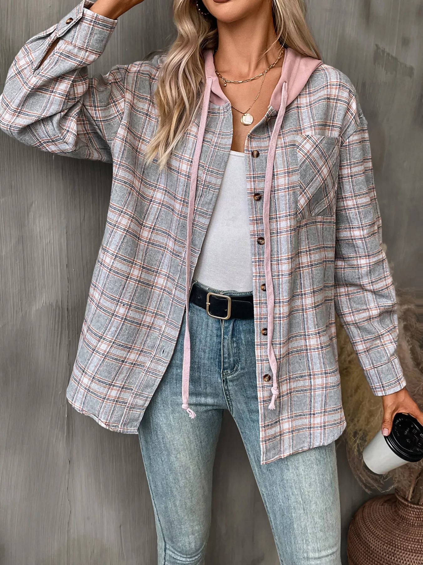 Plaid Button-Up Hooded Shirt