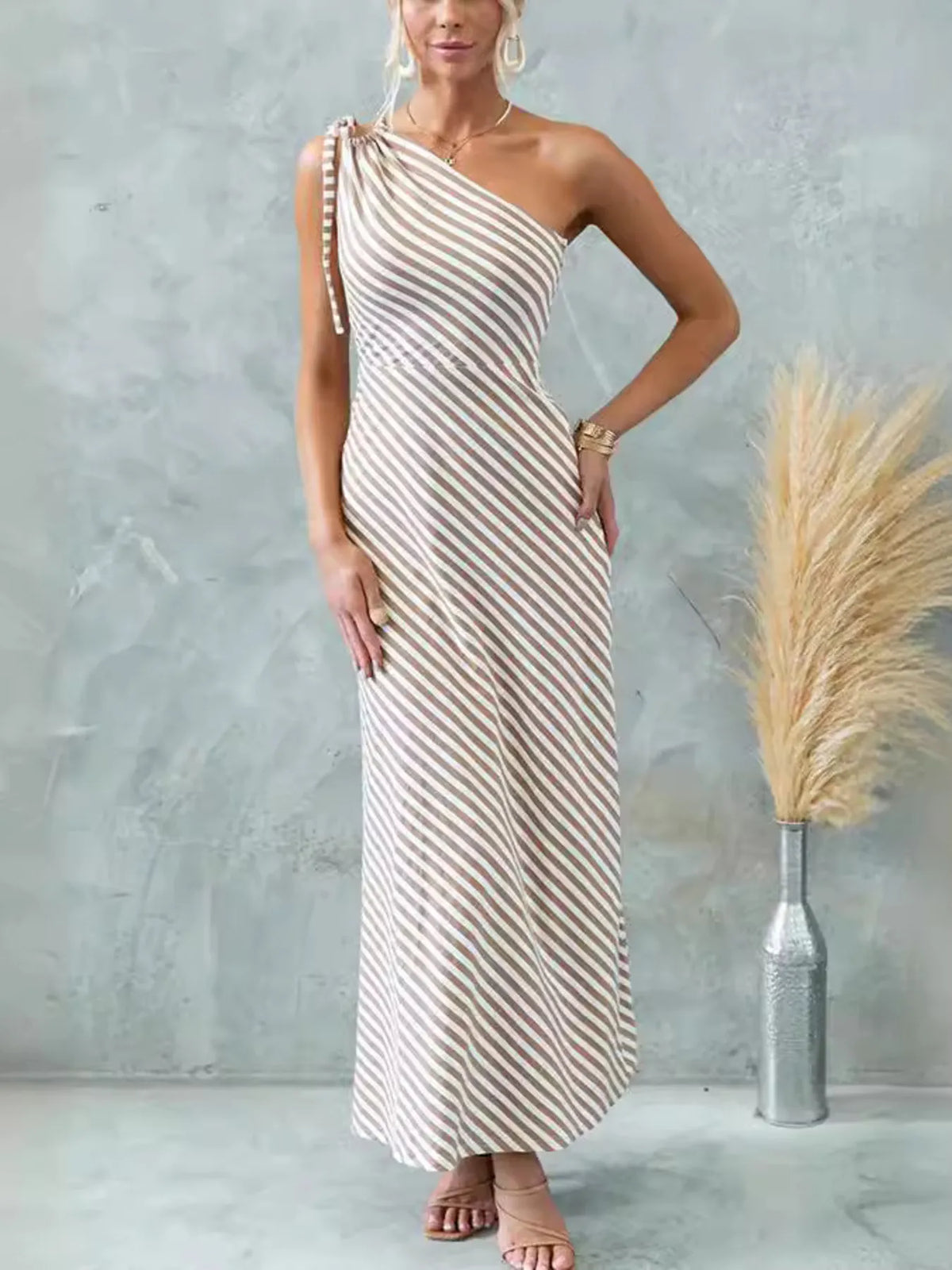 One Shoulder Striped Maxi Dress in Black