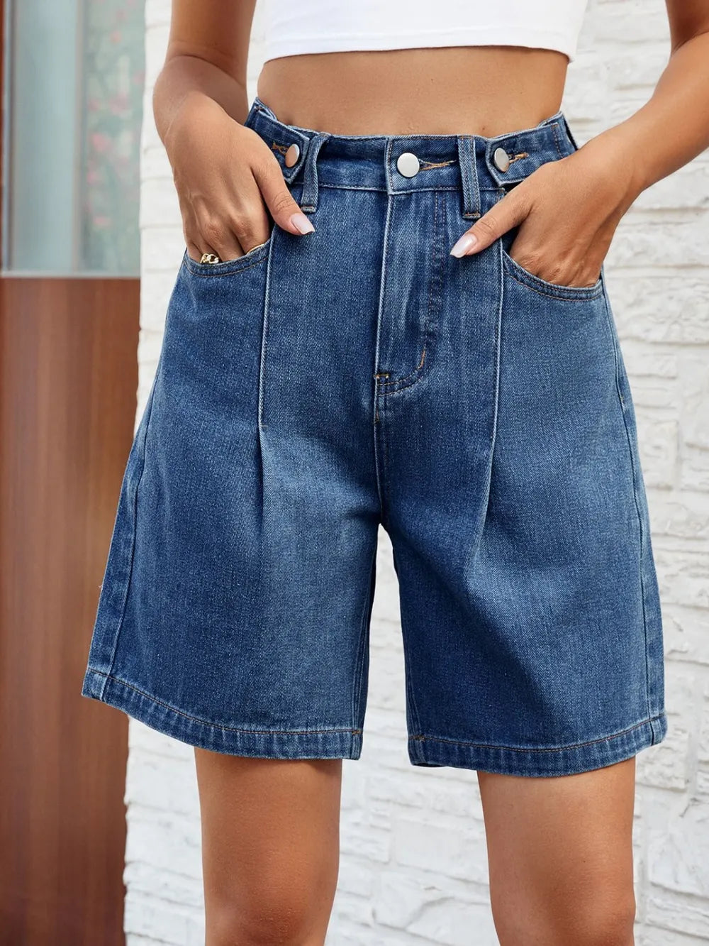 High Waist Button-Front Denim Shorts with Pockets by Manny