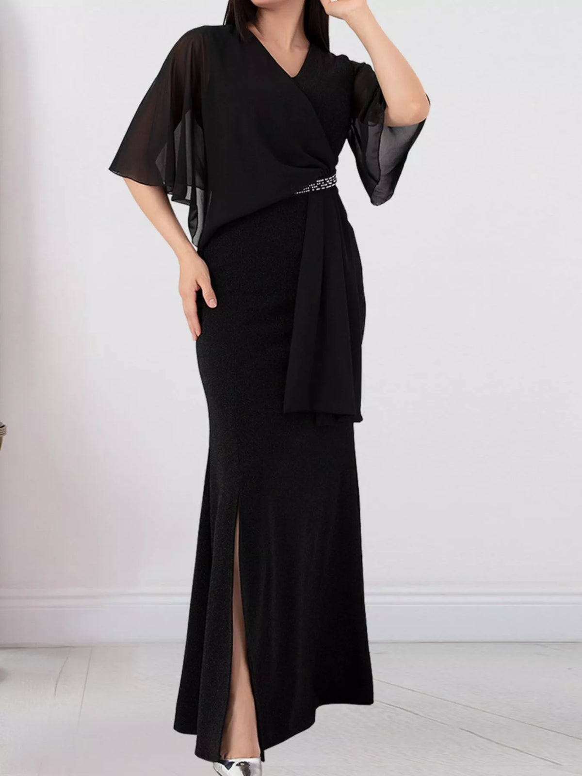 Slit Flutter Sleeve Maxi Dress in Black