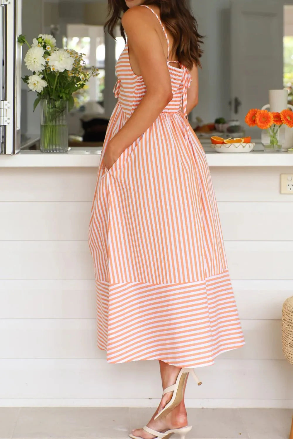 Striped Smocked-Back Midi Dress