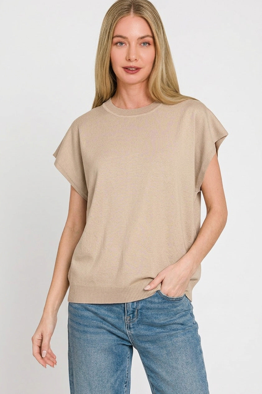 Zenana Round-Neck Flutter Sleeve Sweater in Ash Mocha