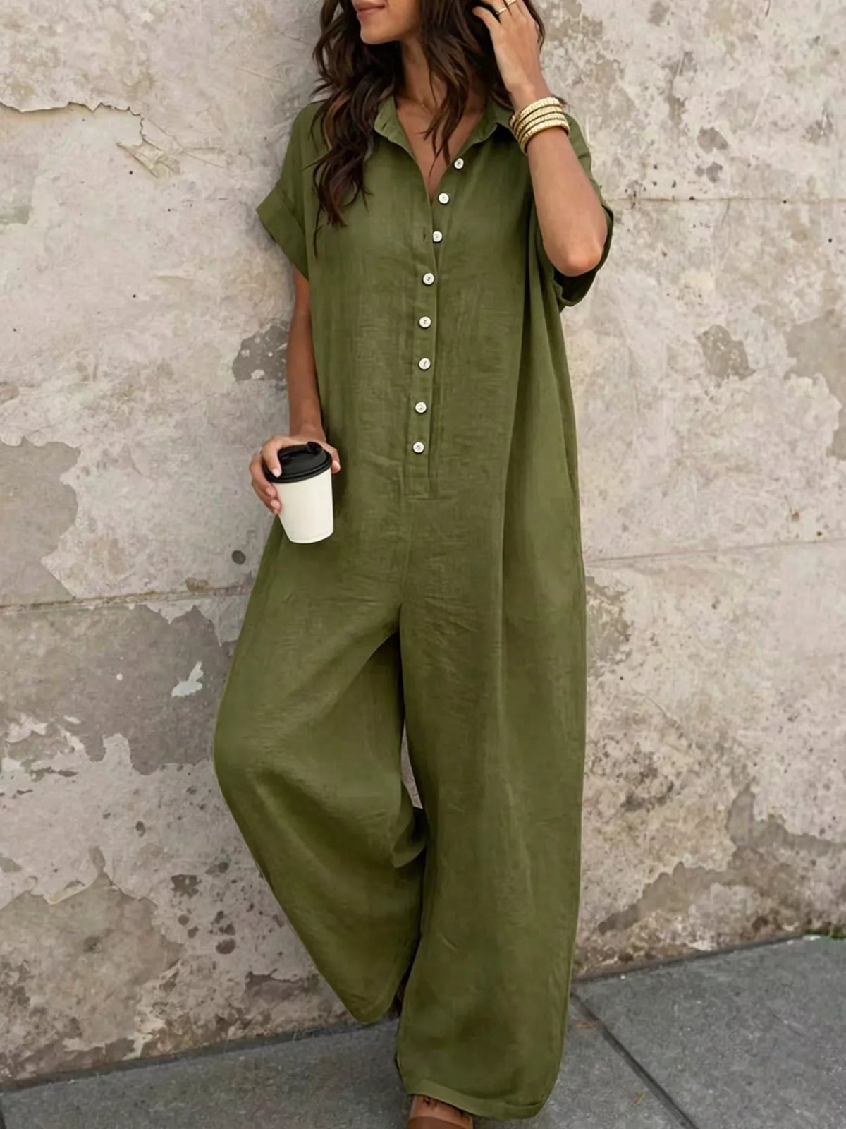 Classic Button-Front Short Sleeve Jumpsuit