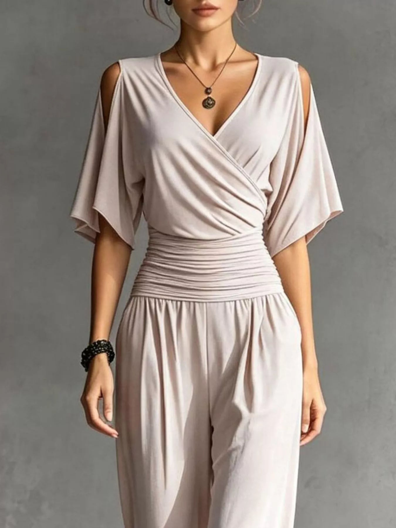 Cold Shoulder Ruched Waist Wide-Leg Jumpsuit in Apricot