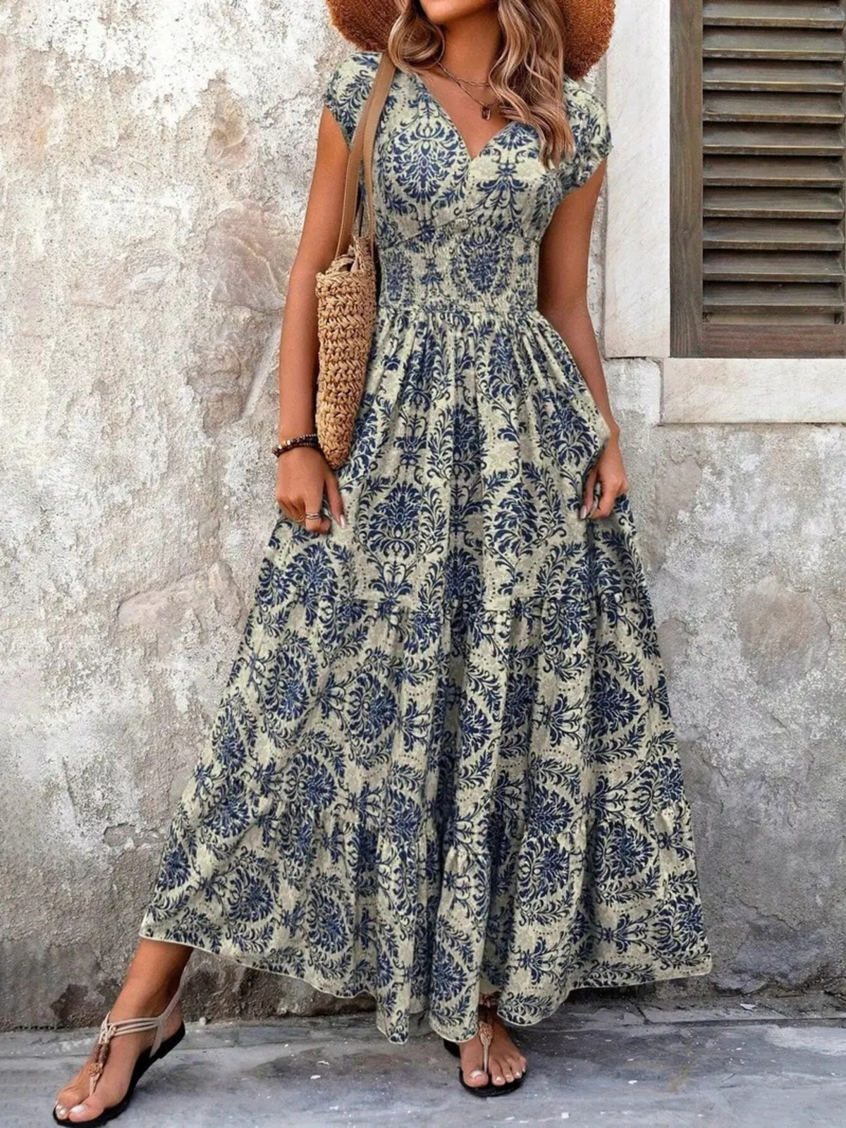 Printed Cap Sleeve Tiered Maxi Dress
