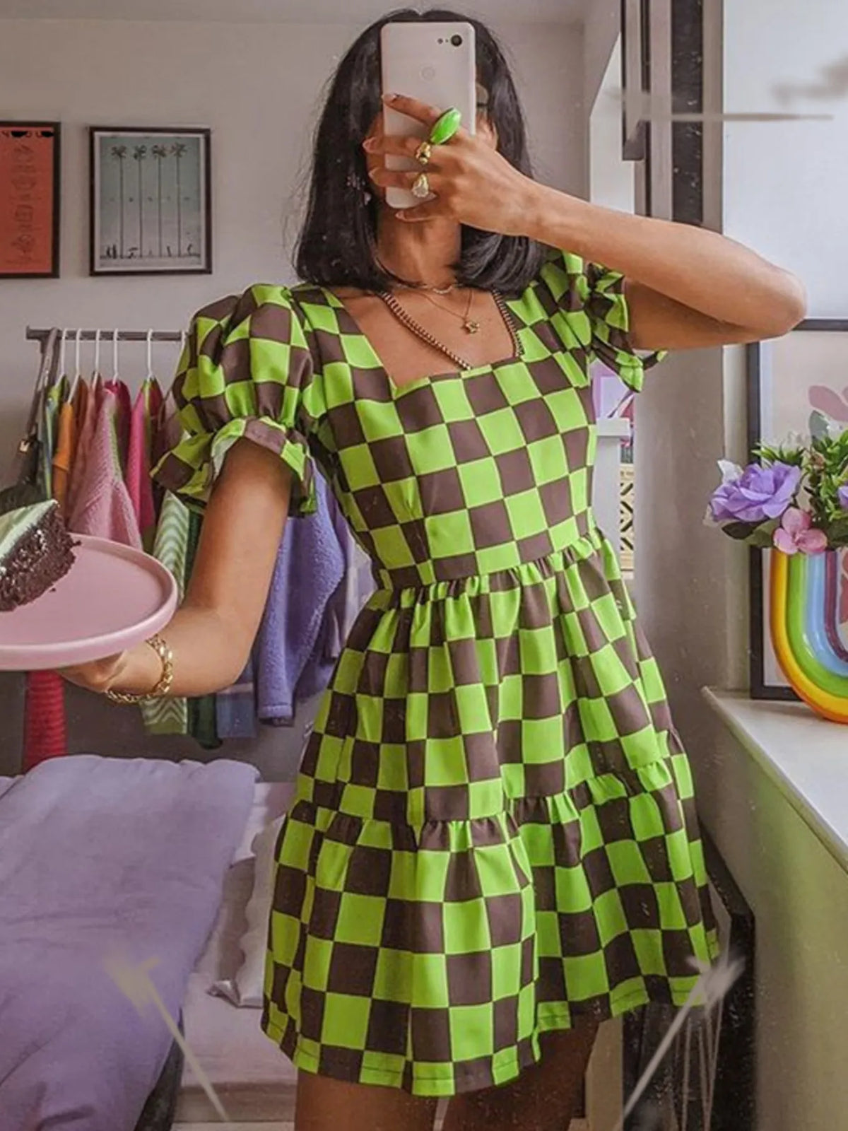 Checkered Tiered Mini Dress by ArtisticExpression