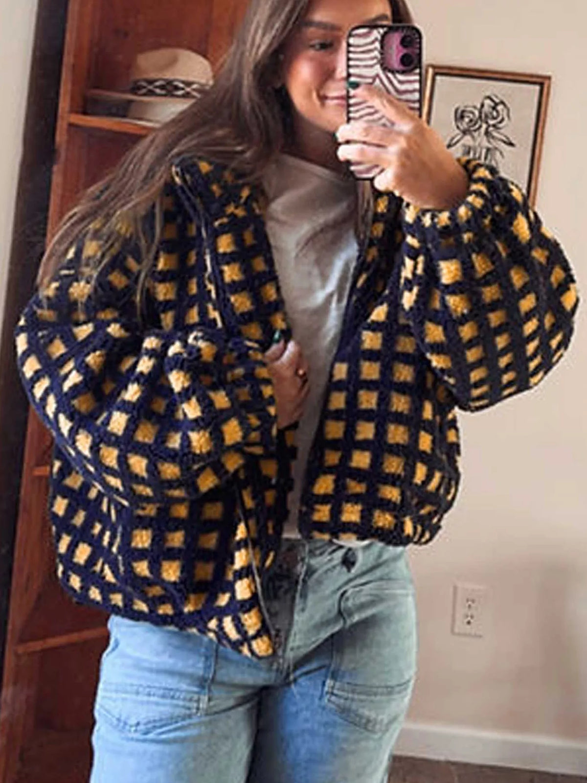 Plaid Sherpa Fleece Zip-Up Jacket in Black