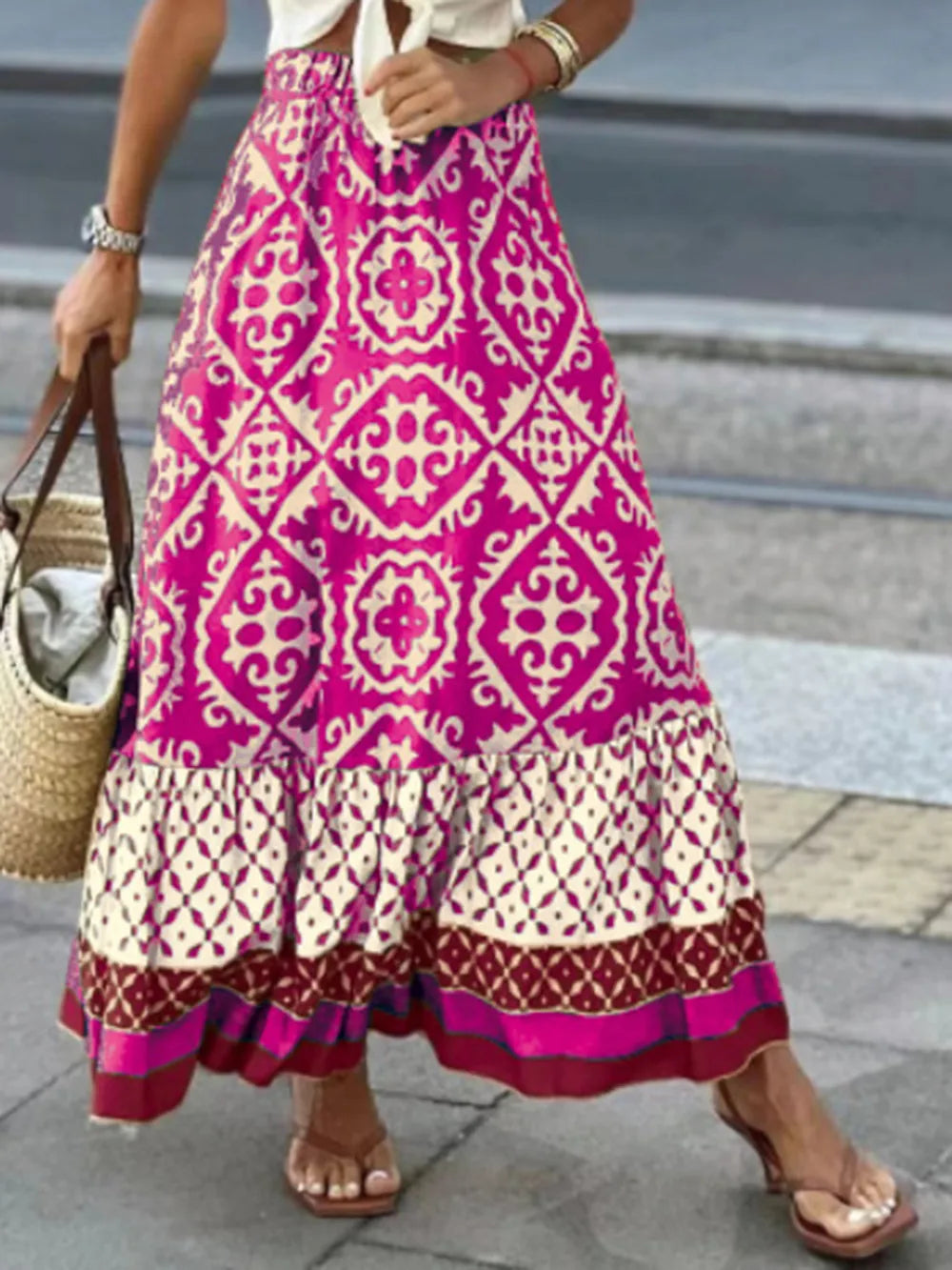 Geometric Print Elastic-Waist Maxi Skirt