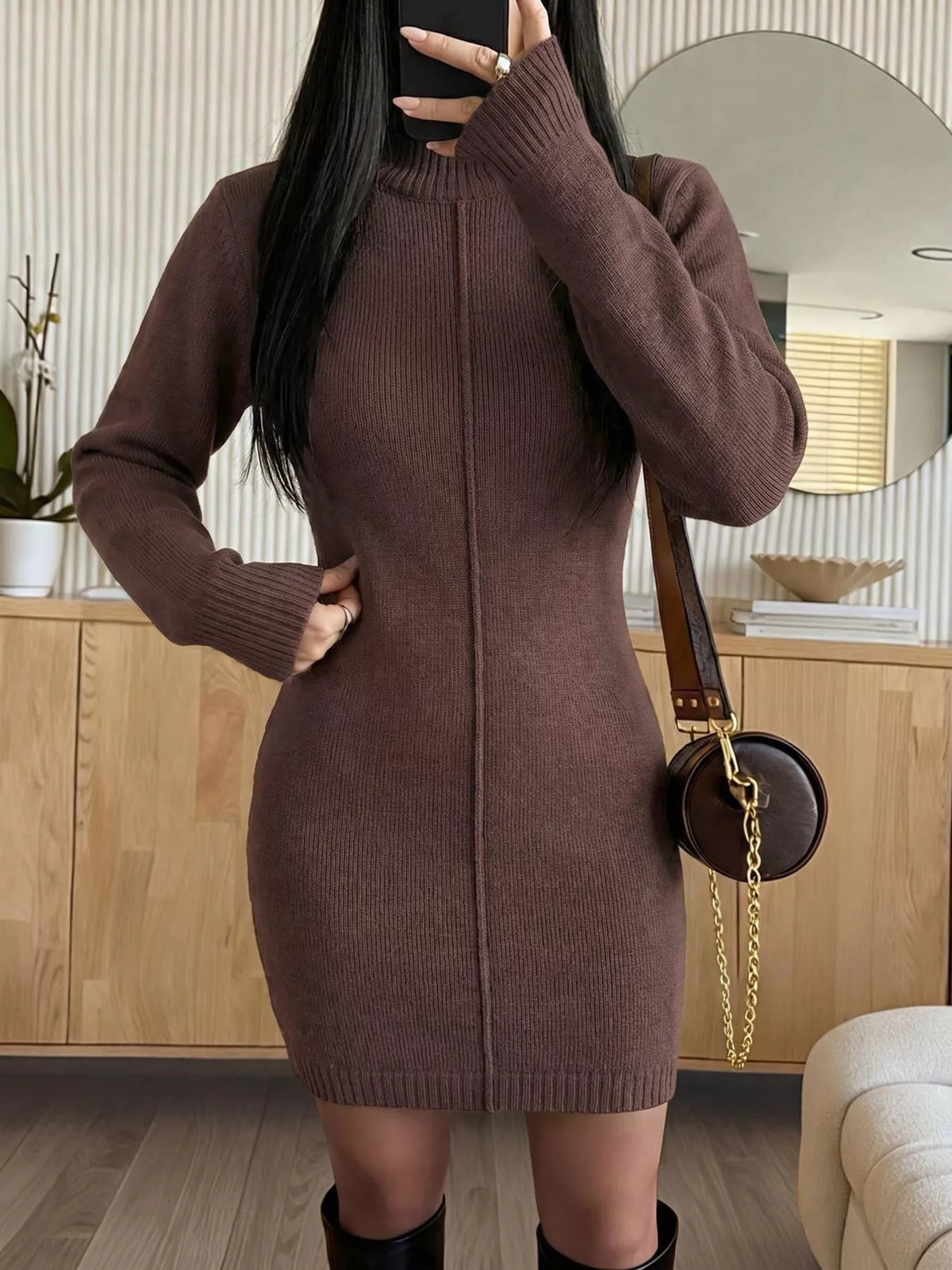 Turtleneck Ribbed Knit Sweater Dress in Brown