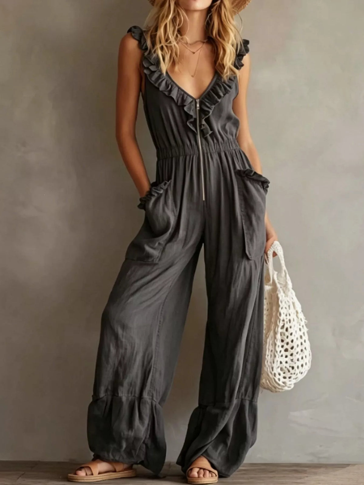 Ruffled V-Neck Jumpsuit with Pockets