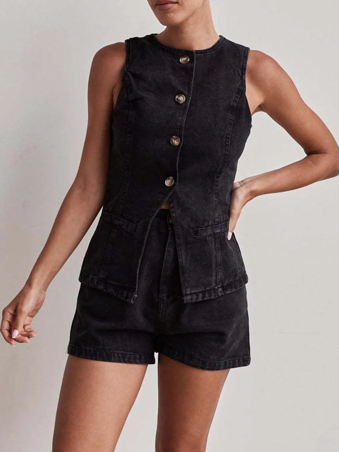 Button-Down Vest and Shorts Denim Set