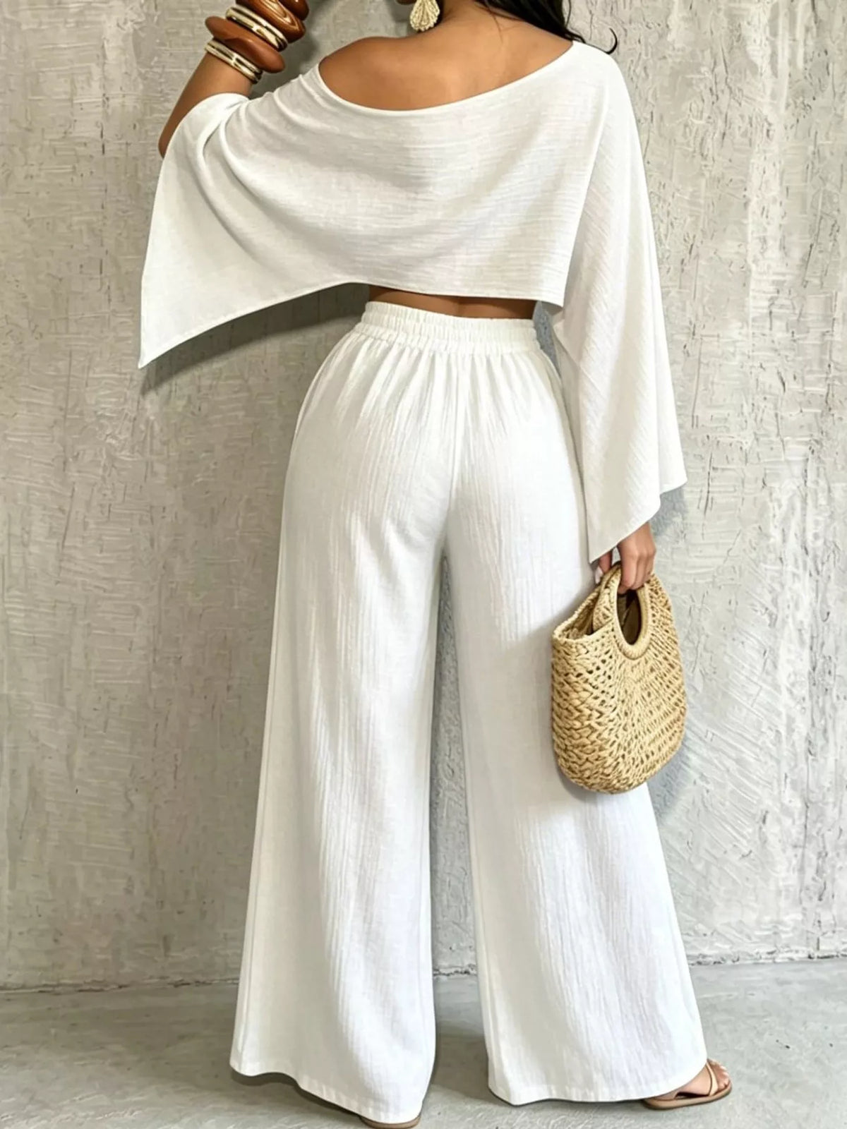Boat Neck Crop Top and Wide-Leg Pants Set