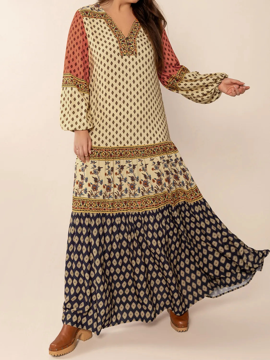 Printed V-Neck Balloon Sleeve Maxi Dress in Khaki