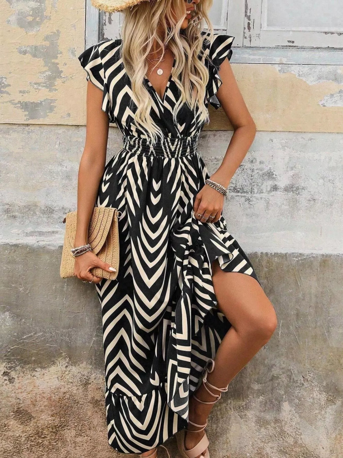 Smocked Cap-Sleeve High-Low Midi Dress