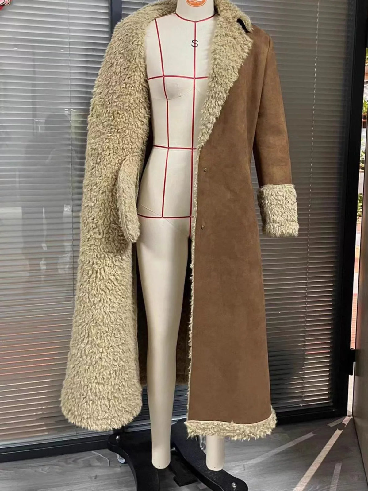 Vintage-Inspired Faux Suede Shearling Coat in Brown
