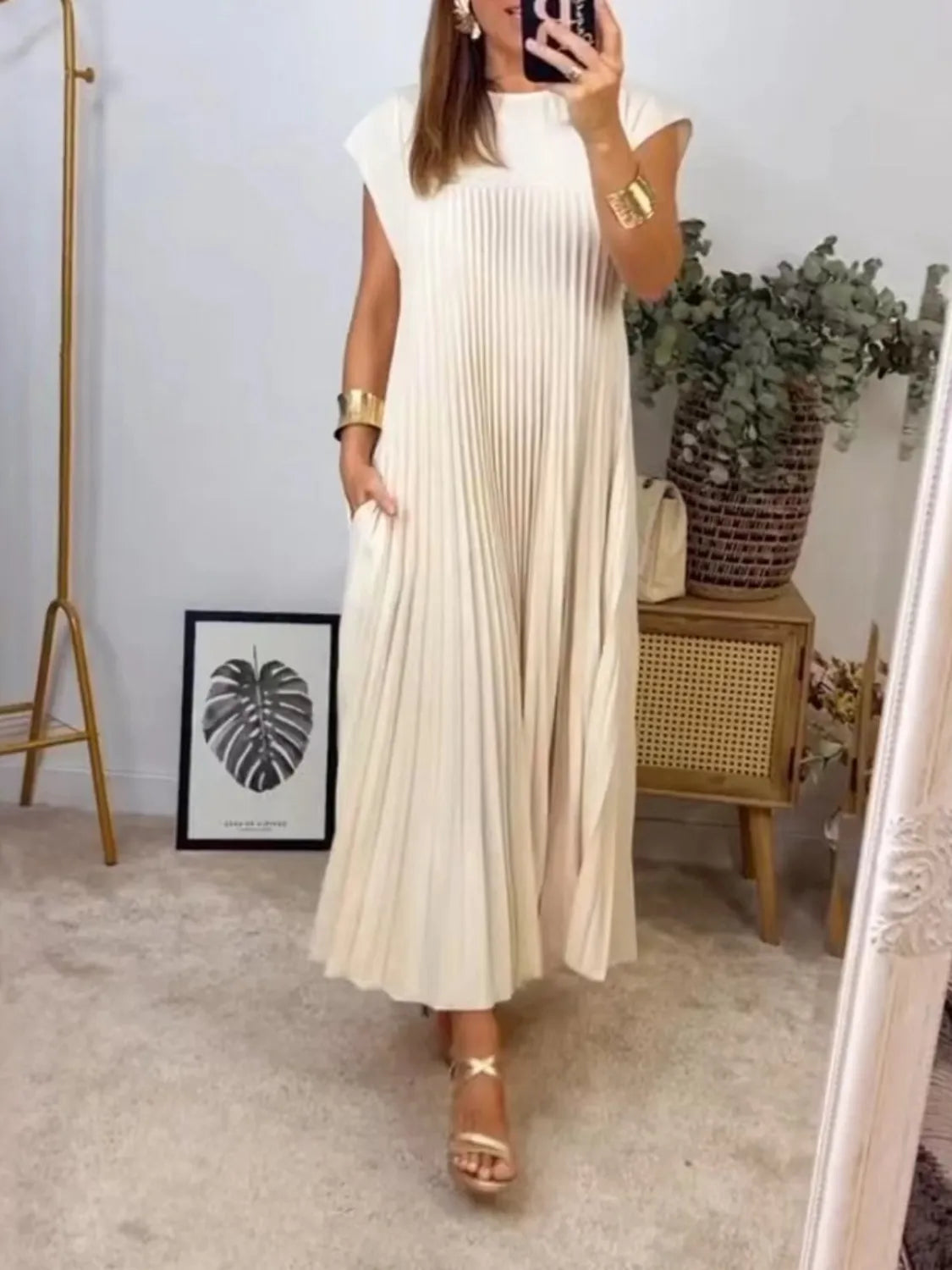 Pleated Round Neck Maxi Dress in Cream