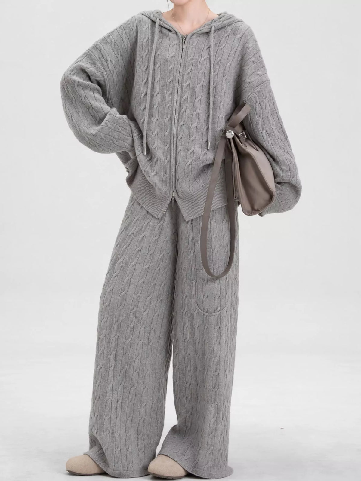 Cable Knit Zip-Up Hooded Cardigan and Wide-Leg Pants Set