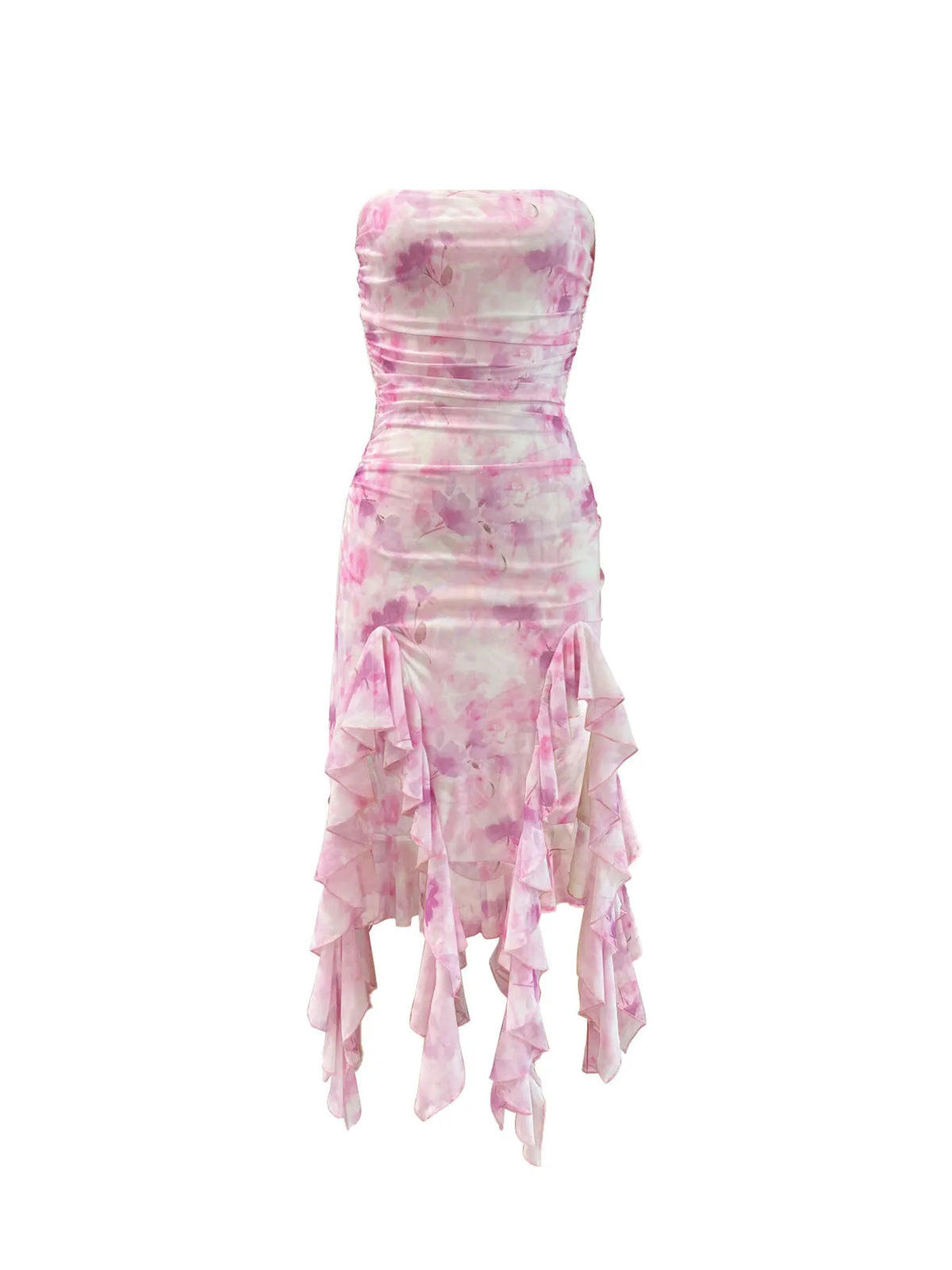 Tie-Dye Strapless Ruffle Hem Dress in Pink