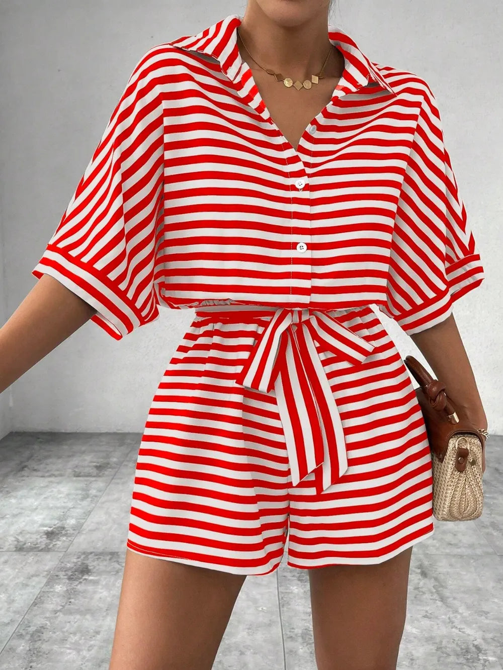 Half-Button Tie Waist Striped Romper