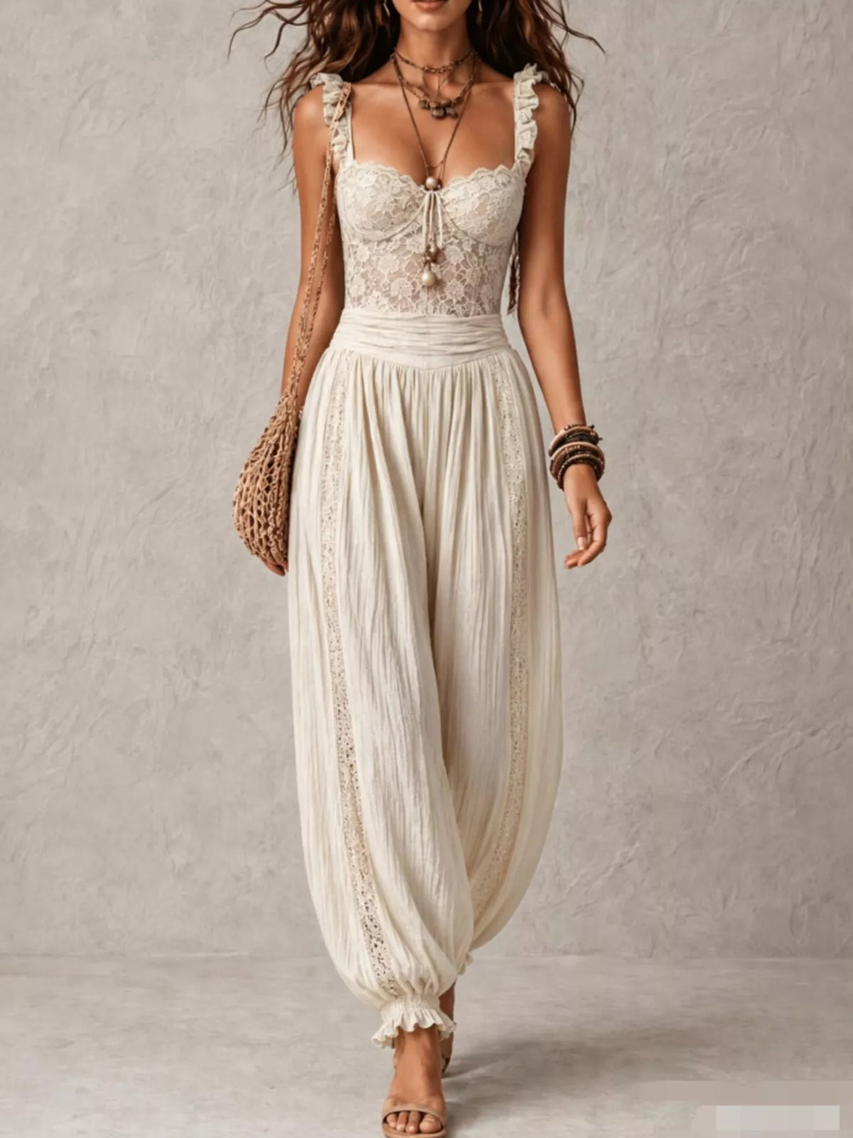 Boho Lace Corset Jumpsuit with Harem Pants