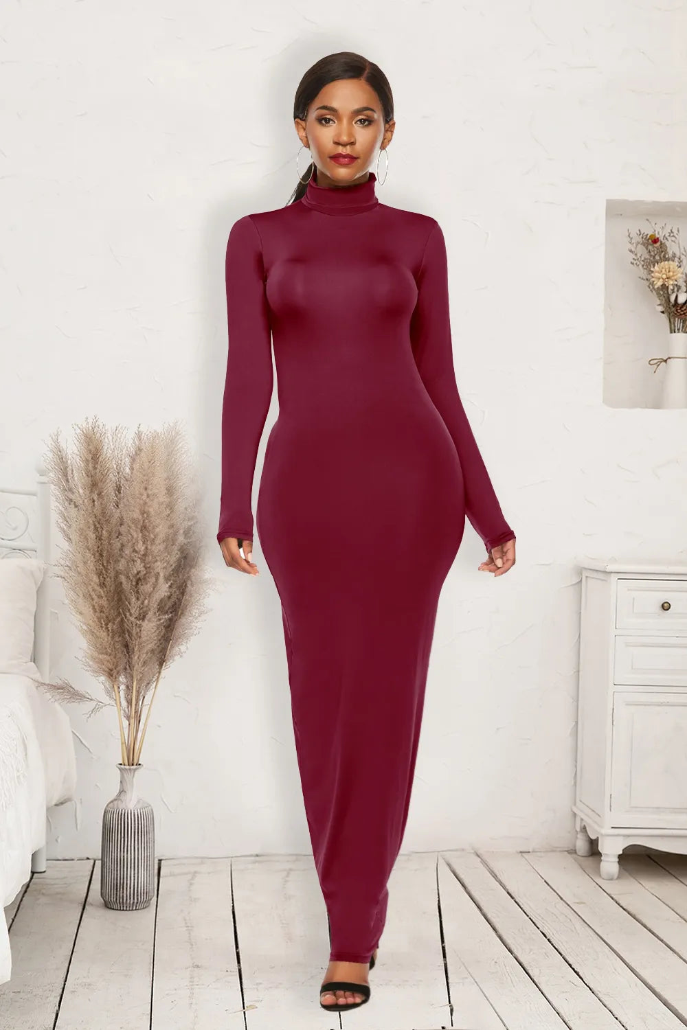 Mock Neck Long Sleeve Maxi Dress