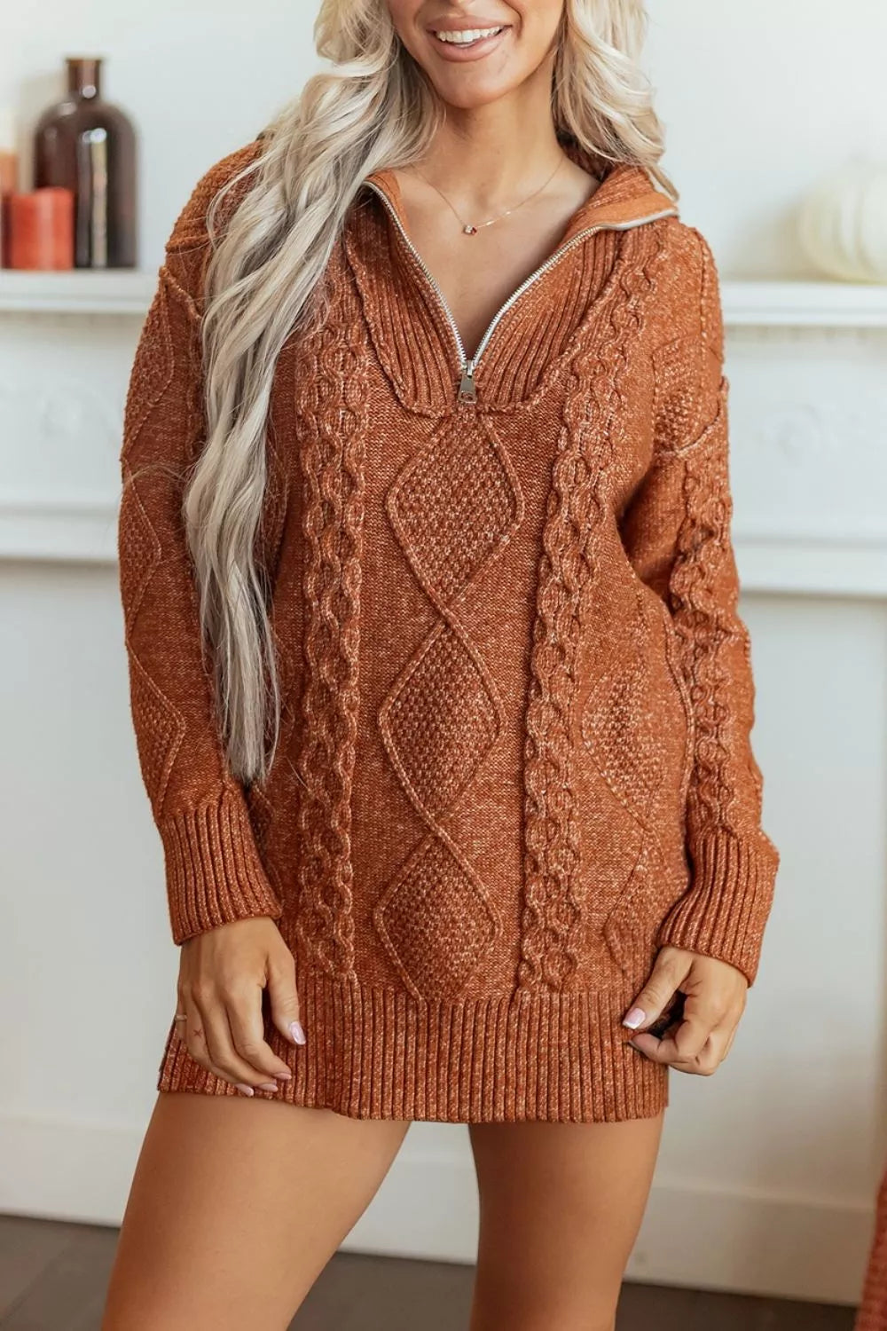 Zip-Up Cable Knit Drop Shoulder Sweater Dress in Caramel