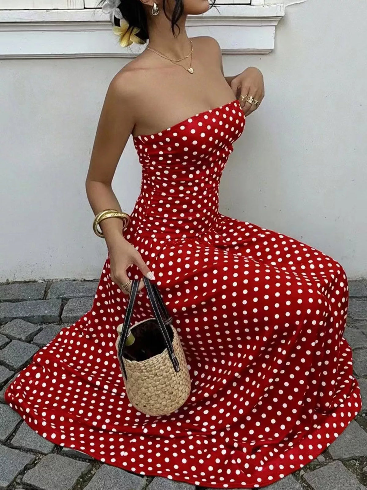 Strapless Polka Dot Ruched Maxi Dress