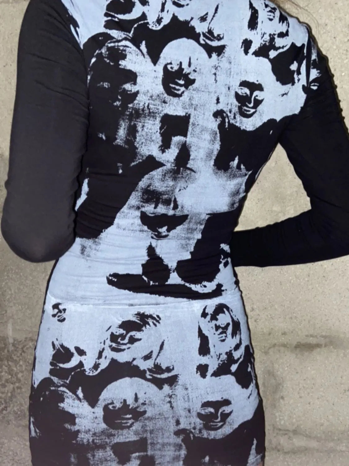 Printed Round Neck Long Sleeve Mini Dress in Black