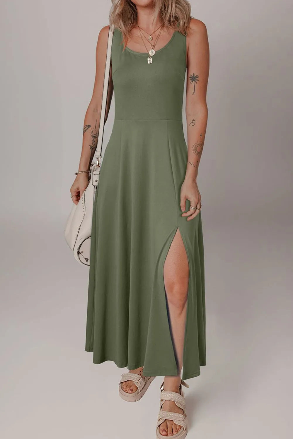 Scoop Neck Wide Strap Dress with Side Slit