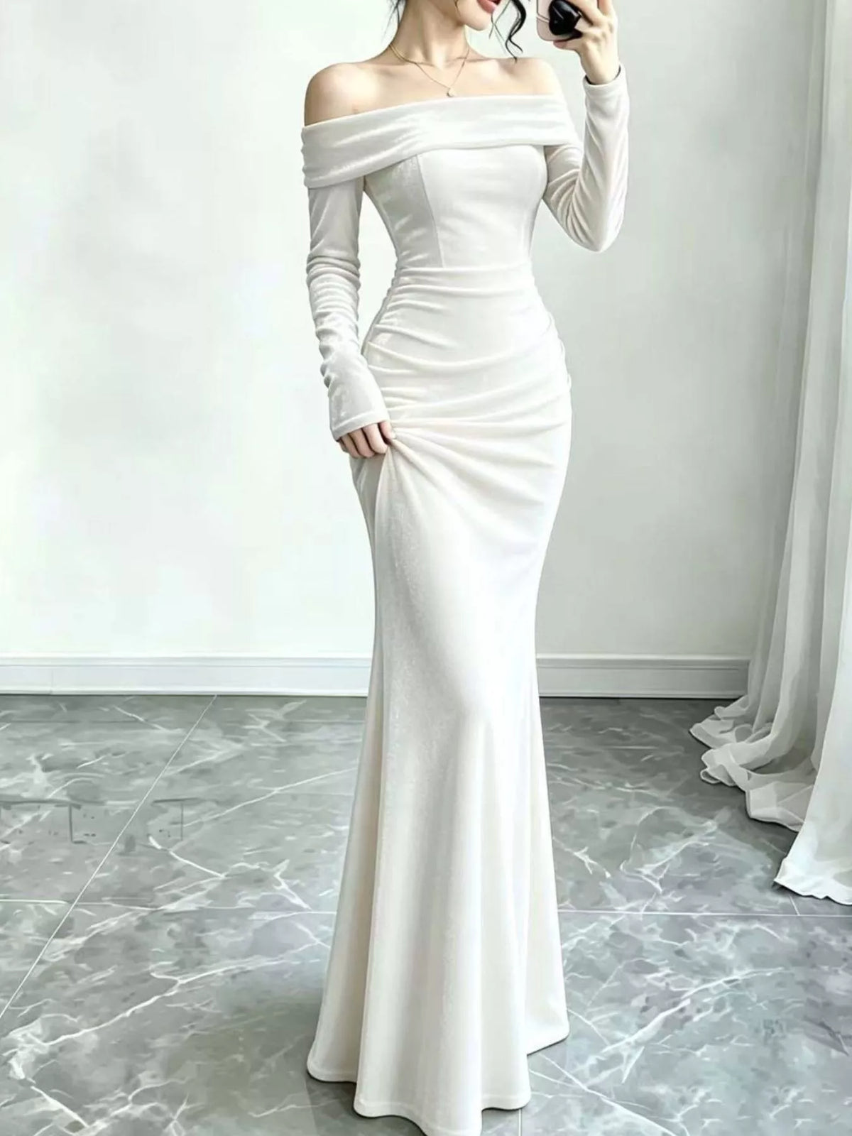 Off-Shoulder Ruched Mermaid Maxi Dress