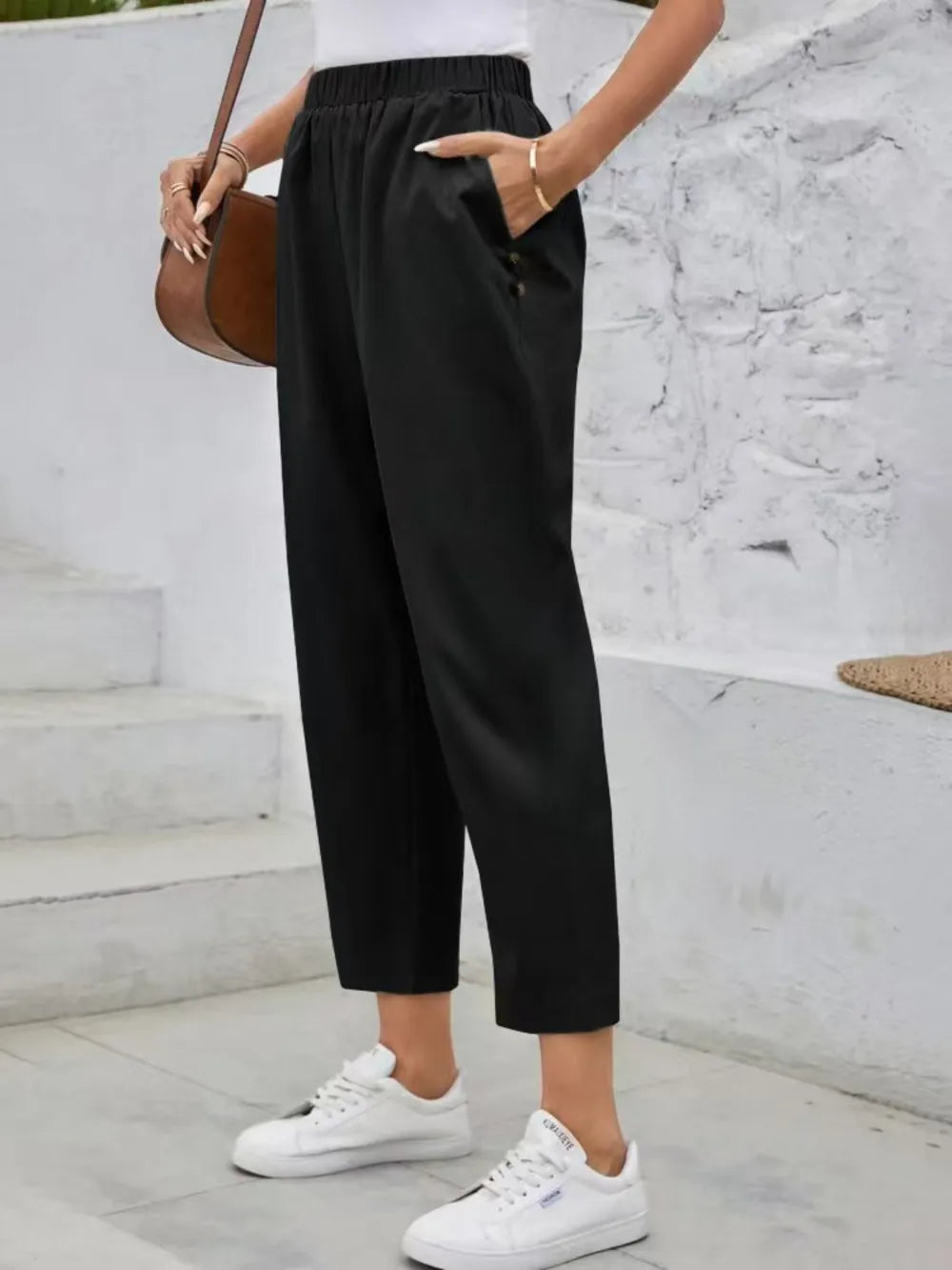 Elastic Waist High Rise Pants in Black