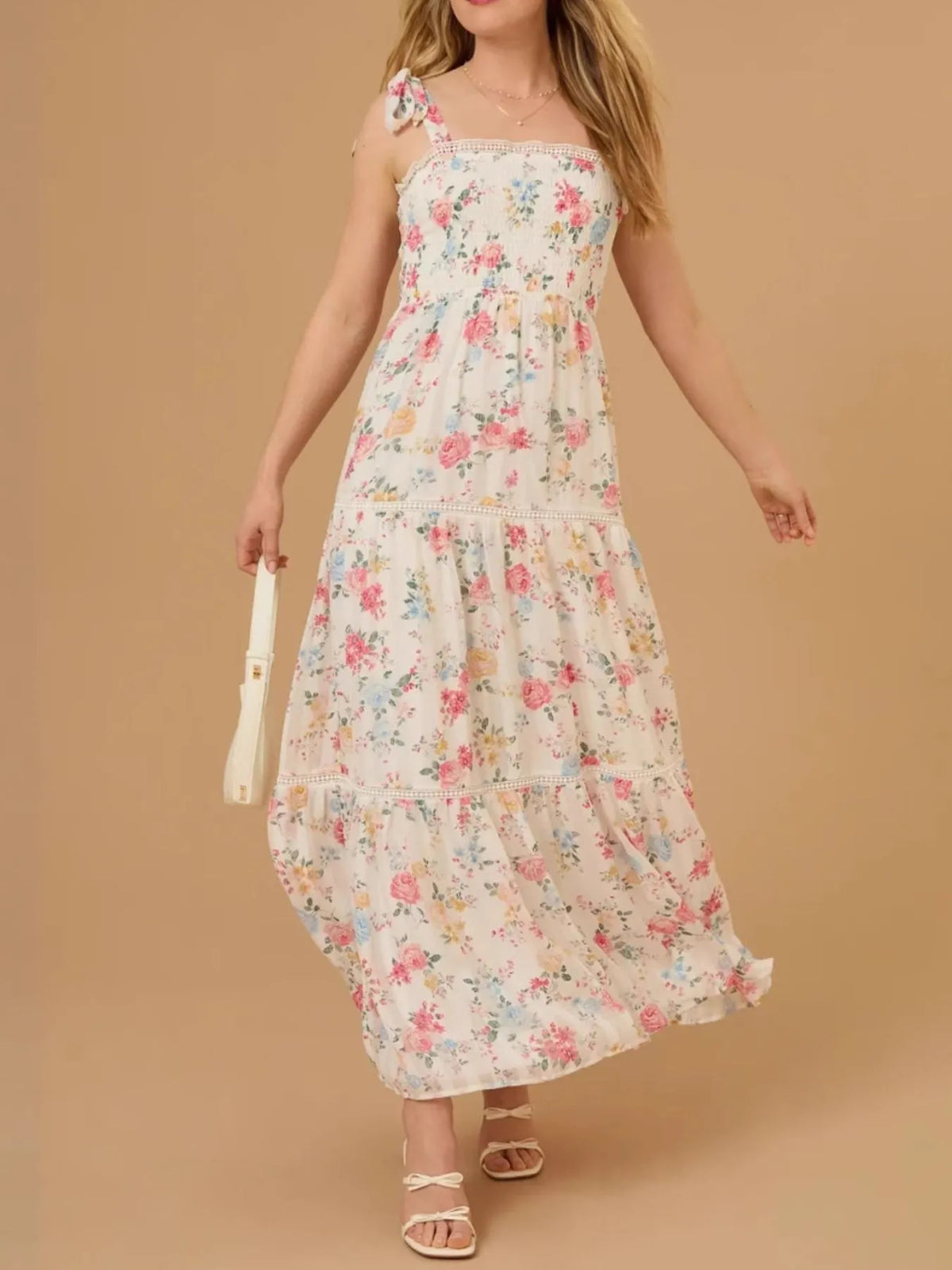 Floral Smocked Tiered Maxi Dress with Tie Straps in Cream