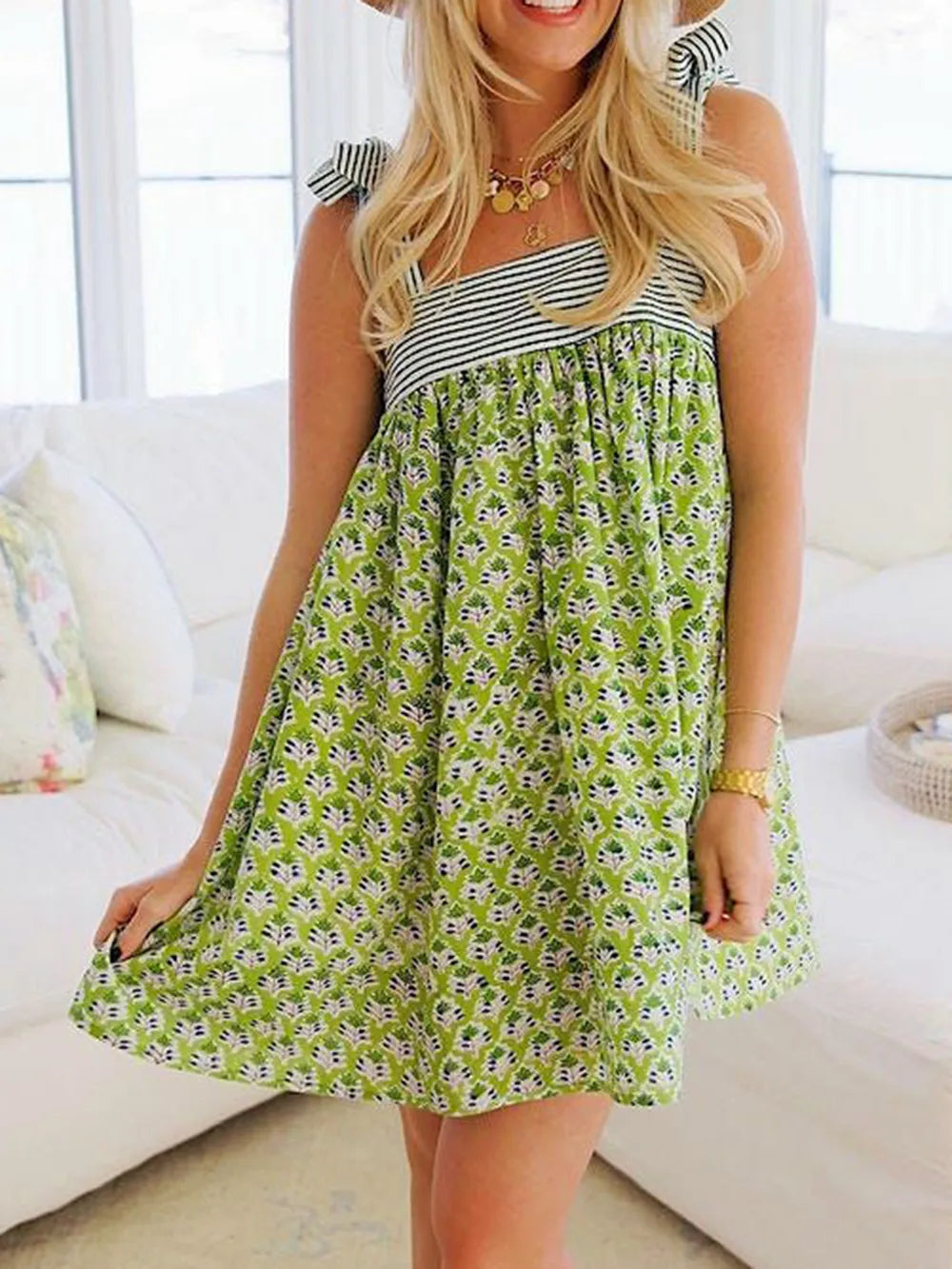Printed Tie-Shoulder Ruched Mini Dress by Mystique Q