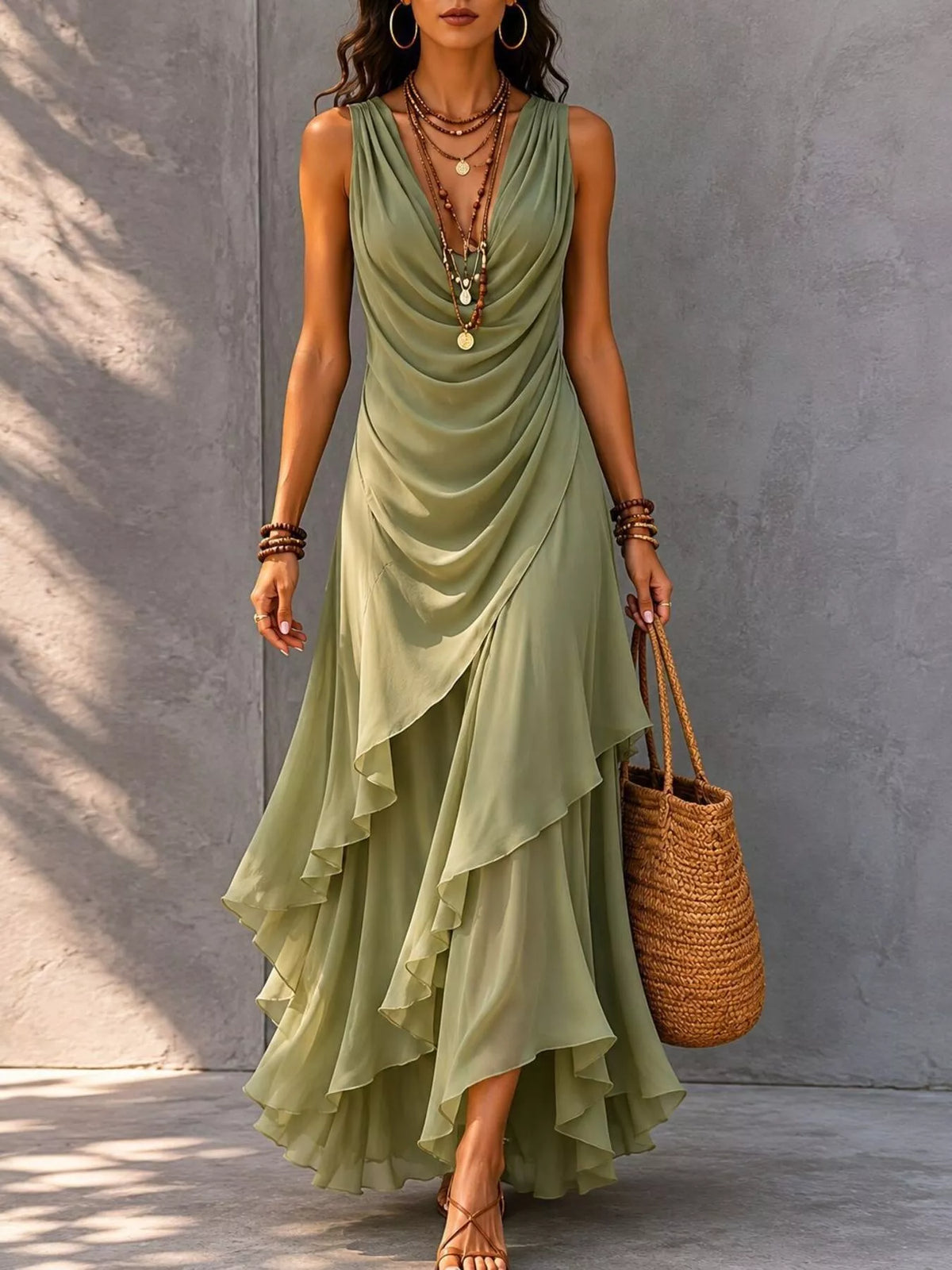 Sleeveless Layered Ruffle Hem Maxi Dress