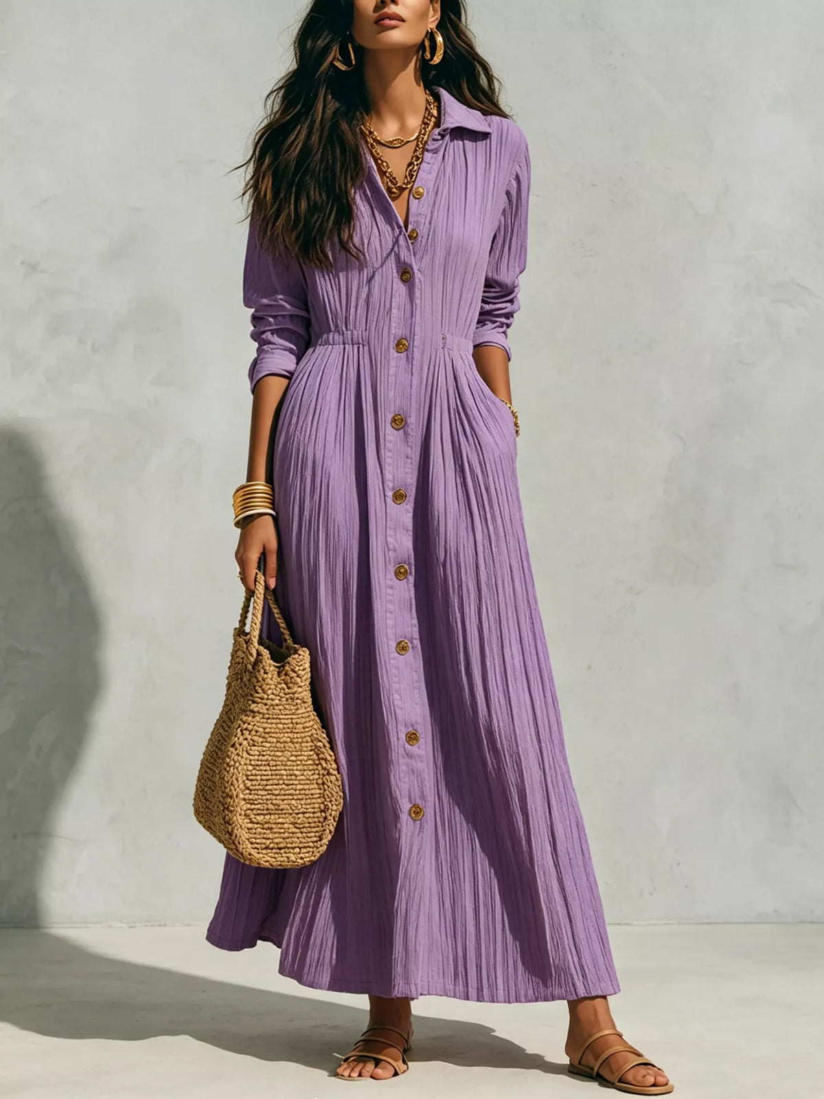 Textured Button-Down Long Sleeve Maxi Dress