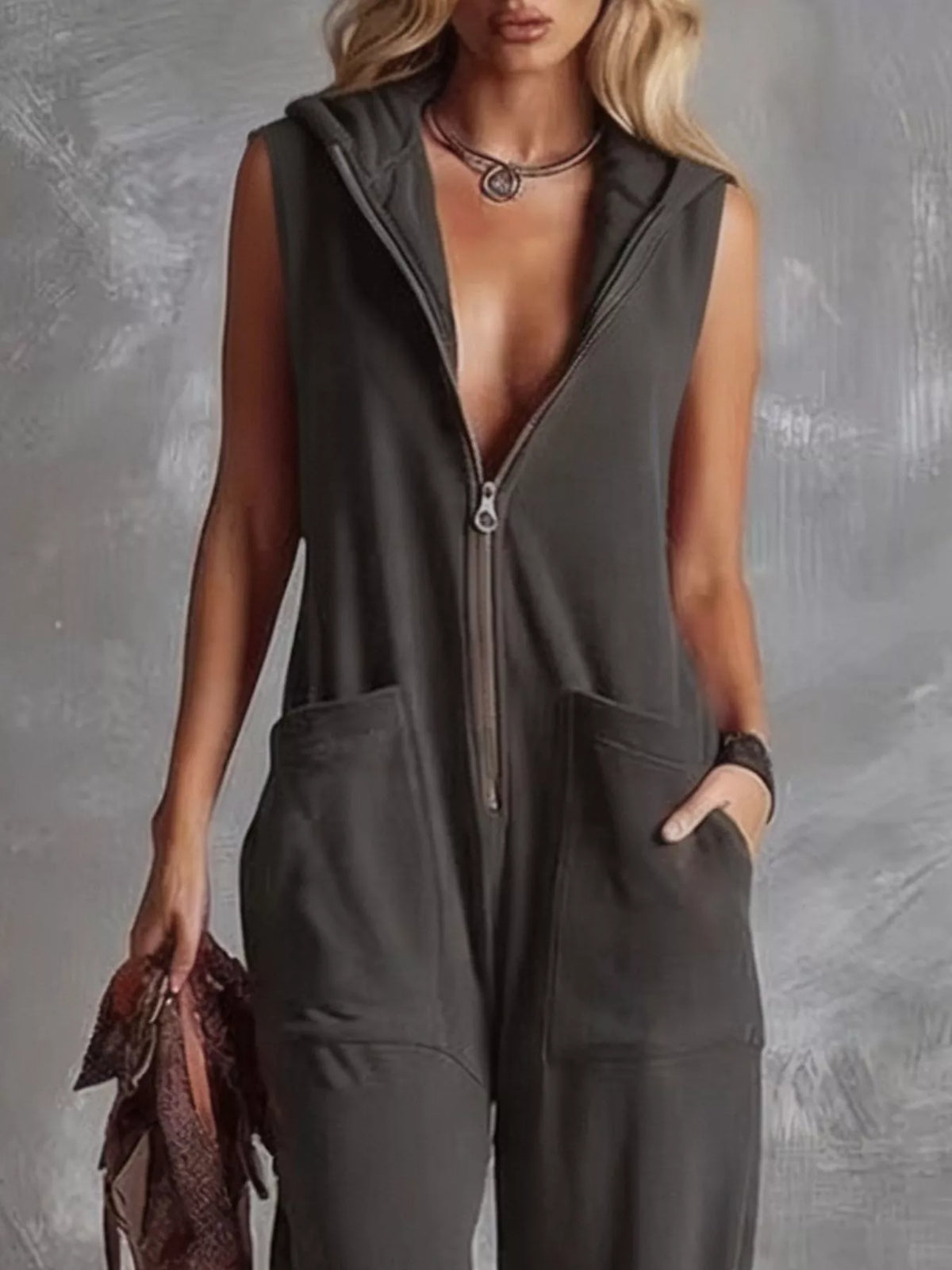 Sleeveless Hooded Zip-Front Jumpsuit