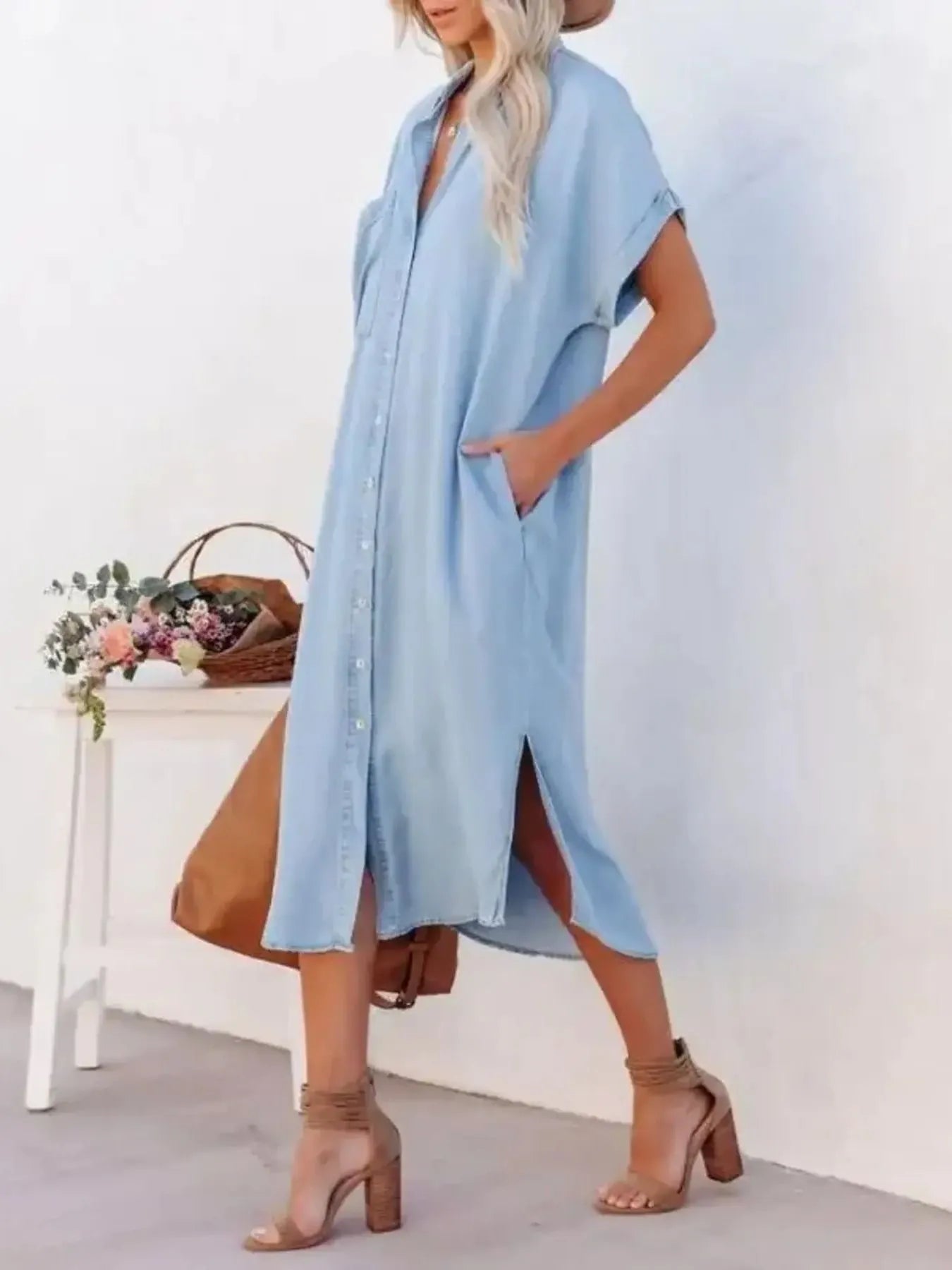 Button Down Denim Midi Shirt Dress in 1907 Color