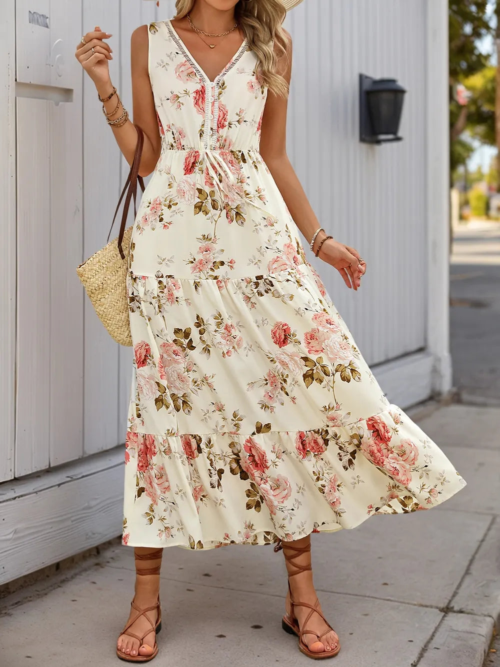 Tiered Ruffled Hem V-Neck Dress in Cream
