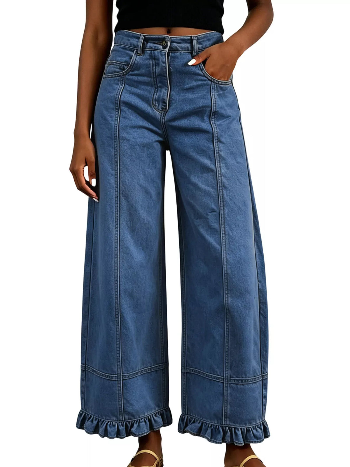 High-Waisted Wide-Leg Ruffled Hem Jeans by Dreamy Drapes