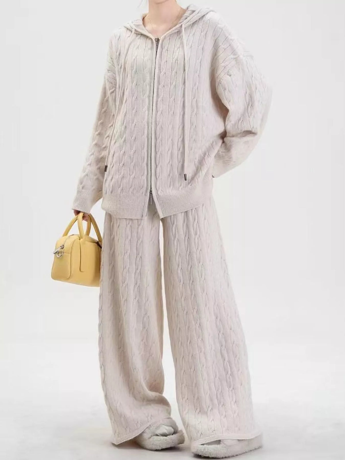 Cable Knit Zip-Up Hooded Cardigan and Wide-Leg Pants Set